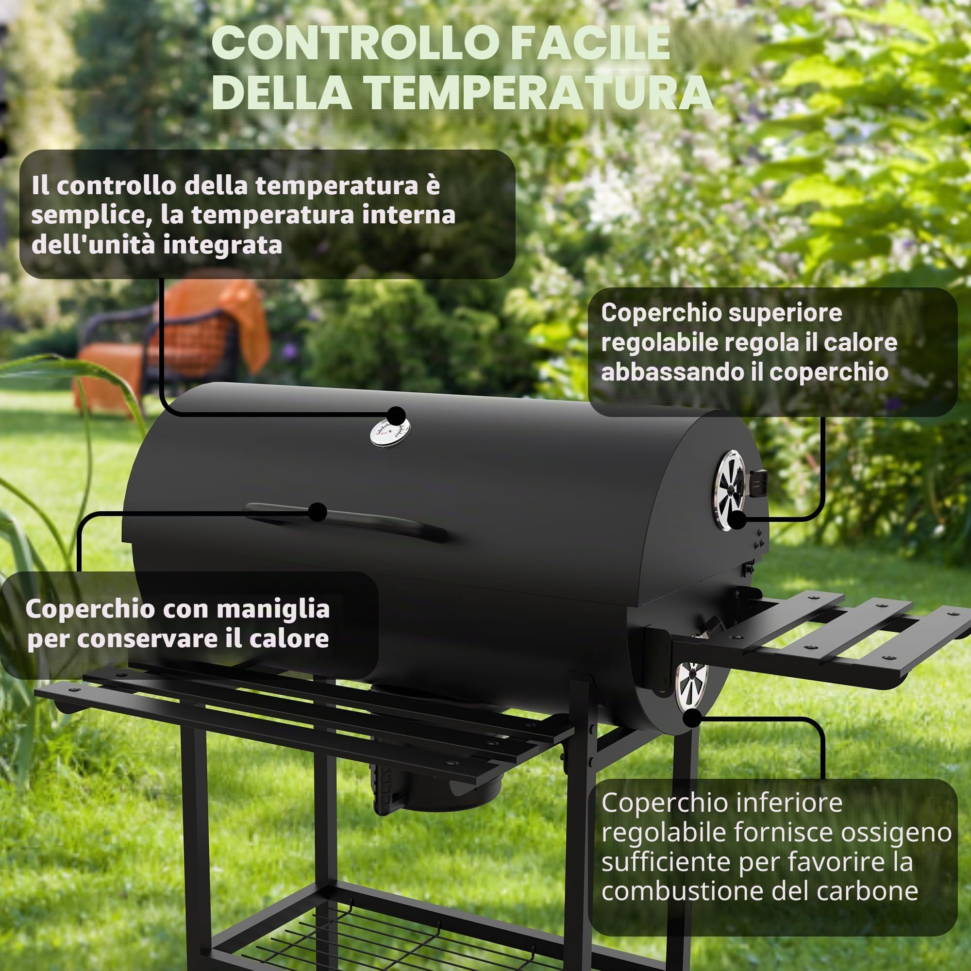 DEWINNER Barbecue a Carbone di Legno XXL con Griglia di Cottura XXL con Due Ripiani, Pinza per Carne alla Griglia, Sfiato Regolabile, Guanti Anti-Bruciore