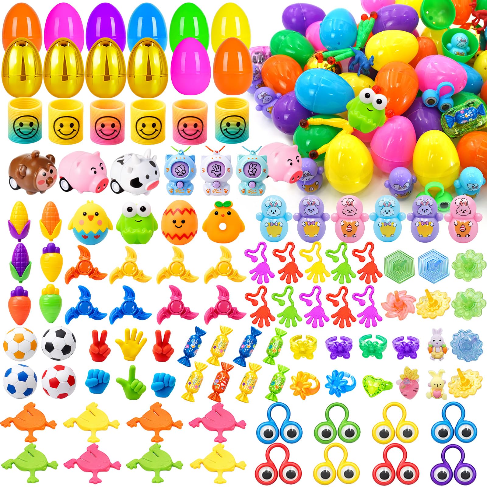 ZICZLI [6 Golden Surprise Eggs] 100 PCS Prefilled Easter Eggs with Assorted Toys, Plastic Easter Eggs Fillers with Toys for Kid Toddler Boys Girls