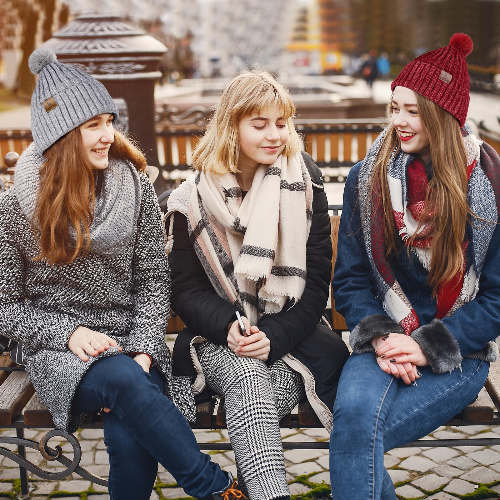 LackBlue Damska zimowa czapka beanie szalik rękawiczki do ekranu dotykowego zestaw dzianinowe ciepłe czapki z czaszką długie szaliki na szyję dla kobiet mężczyzn