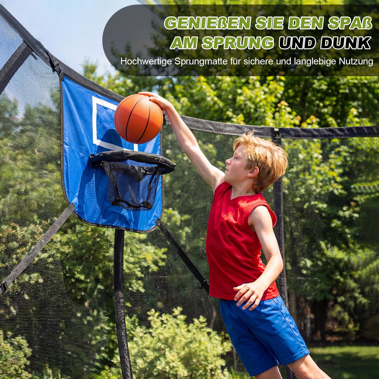 Devoko Outdoor Trampolin mit Basketballkorb & Sicherheitsnetz - 150 kg Maximalgewicht - Ø 228/305/366/427 cm - Robuster Garten-Trampolinspaß für Kinder und Erwachsene