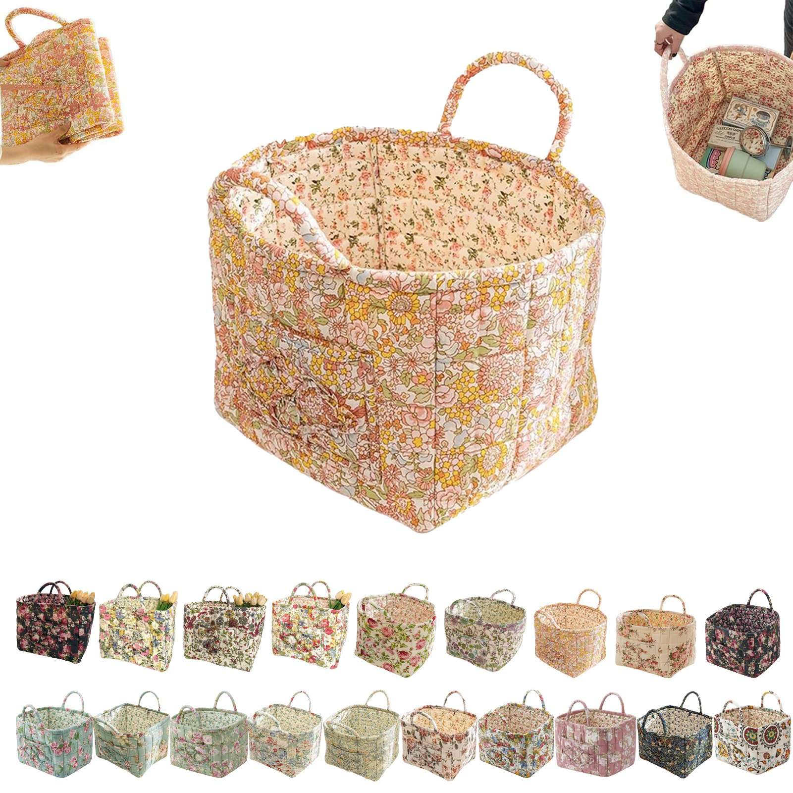 Boho Fabric Storage Basket, Boho Quilted Fabric Storage Basket, Floral Quilted Baskets for Storages Large with Easy-Carry Handles, for Clothes and