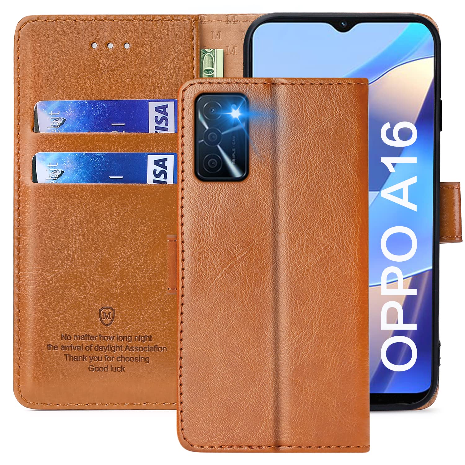 Funda Tipo Libro De Cuero Para OPPO A16 / A16s / A54s - Con Ranuras Para Tarjetas, Soporte Plegable Y Cierre Magnético, Color Marrón