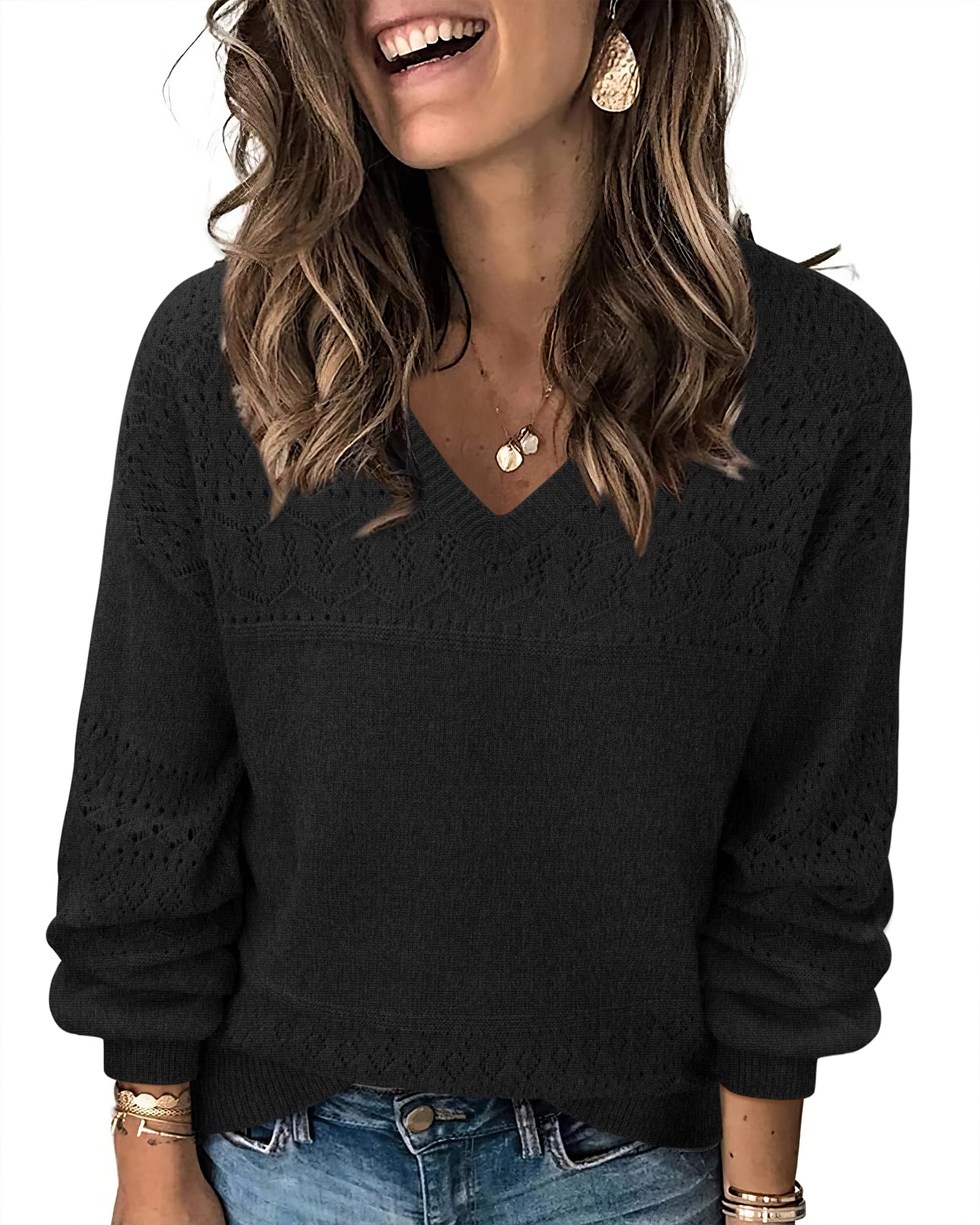 Messic Womens Pullover Sweaters 2025 Casual Long Sleeve V Neck Lightweight Loose Knit Tops