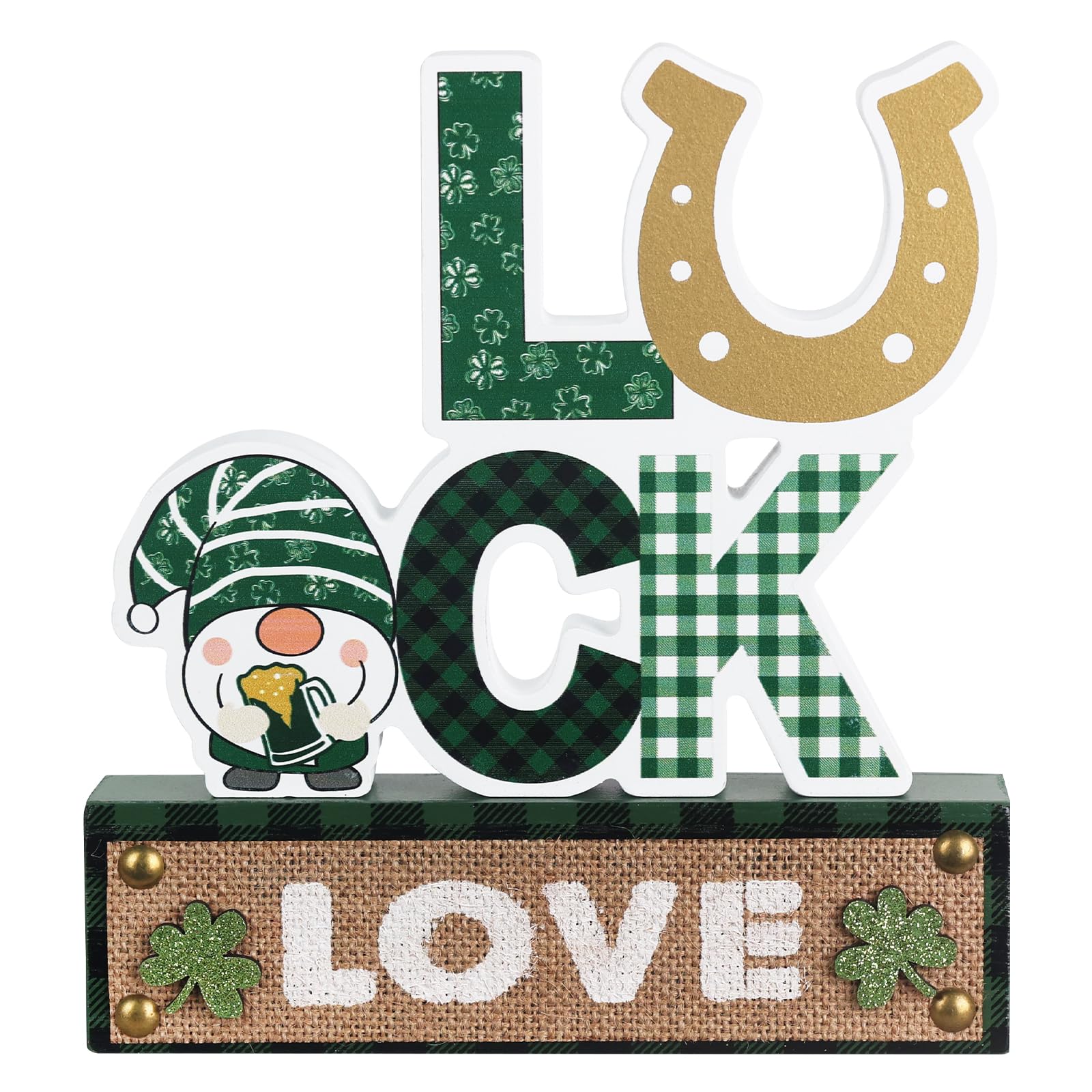 DECSPASDECSPAS St Patricks Day Decorations, Wood Carved Luck Gnome Block St Patricks Day Decor, Shamrock Ornaments Green White Gold Saint Patricks Day Decorations for The Home, Table, Mantel