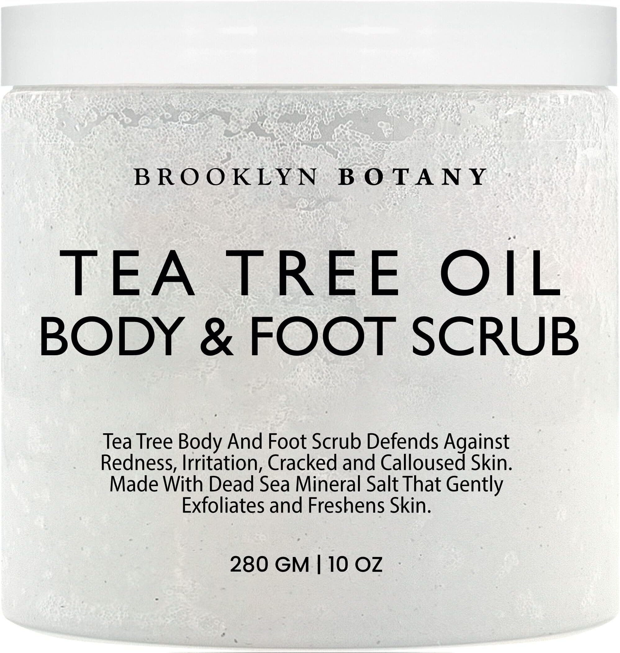 Brooklyn Botany Dead Sea Salt and Tea Tree Oil Body Scrub - Moisturizing and Exfoliating Body, Face, Hand, Foot Scrub - Fights Stretch Marks, Fine Lines, Wrinkles - Great Gifts for Women & Men - 10 oz