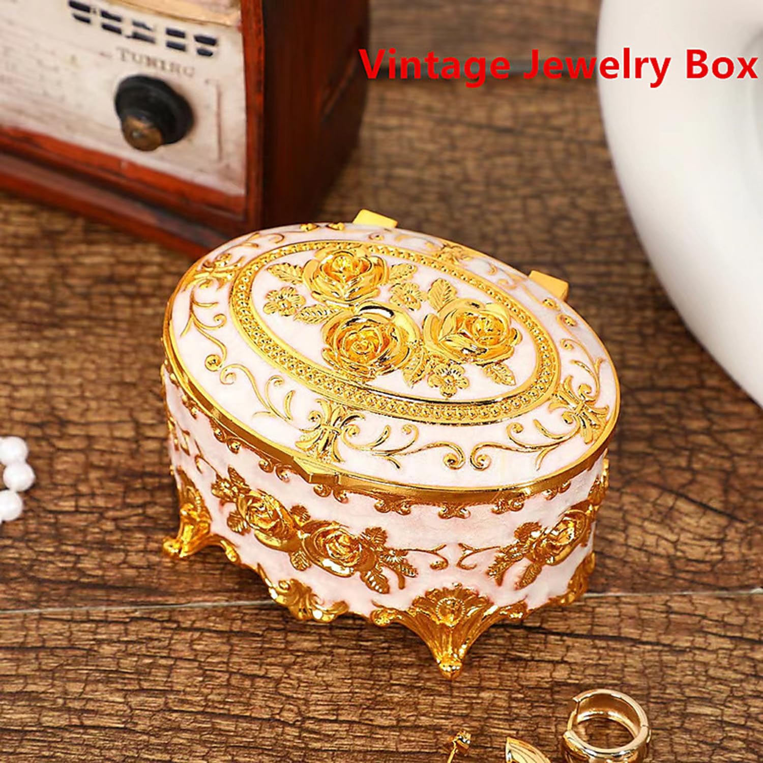 Petite boîte à bijoux ovale florale pour couple pour amoureux VTG argenté et émaillé - France