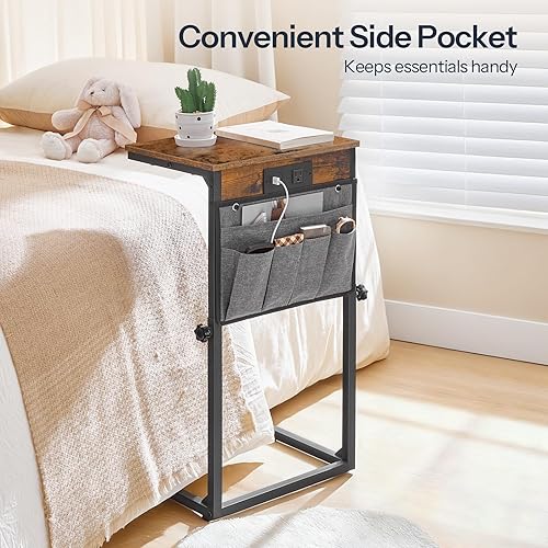 Miniatura 4 de HOOBRO Mesa auxiliar en forma de C con estación de carga, mesa auxiliar de sofá de altura ajustable de 30 pulgadas con bolsillo de almacenamiento,