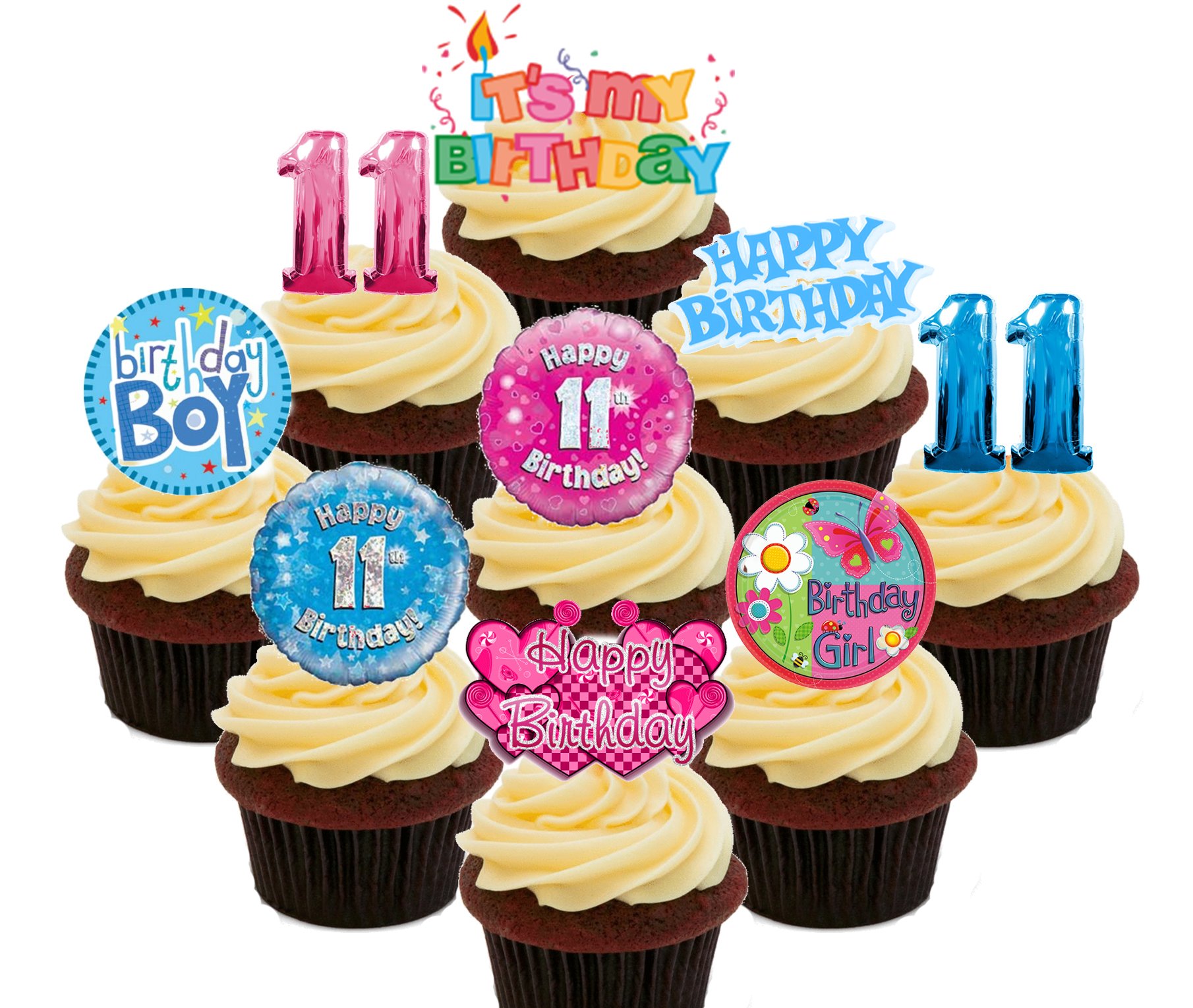 11th Birthday Boy and Girl Party Pack, Edible Cake Decorations - Stand-up Wafer Cupcake Toppers (Pack of 36)
