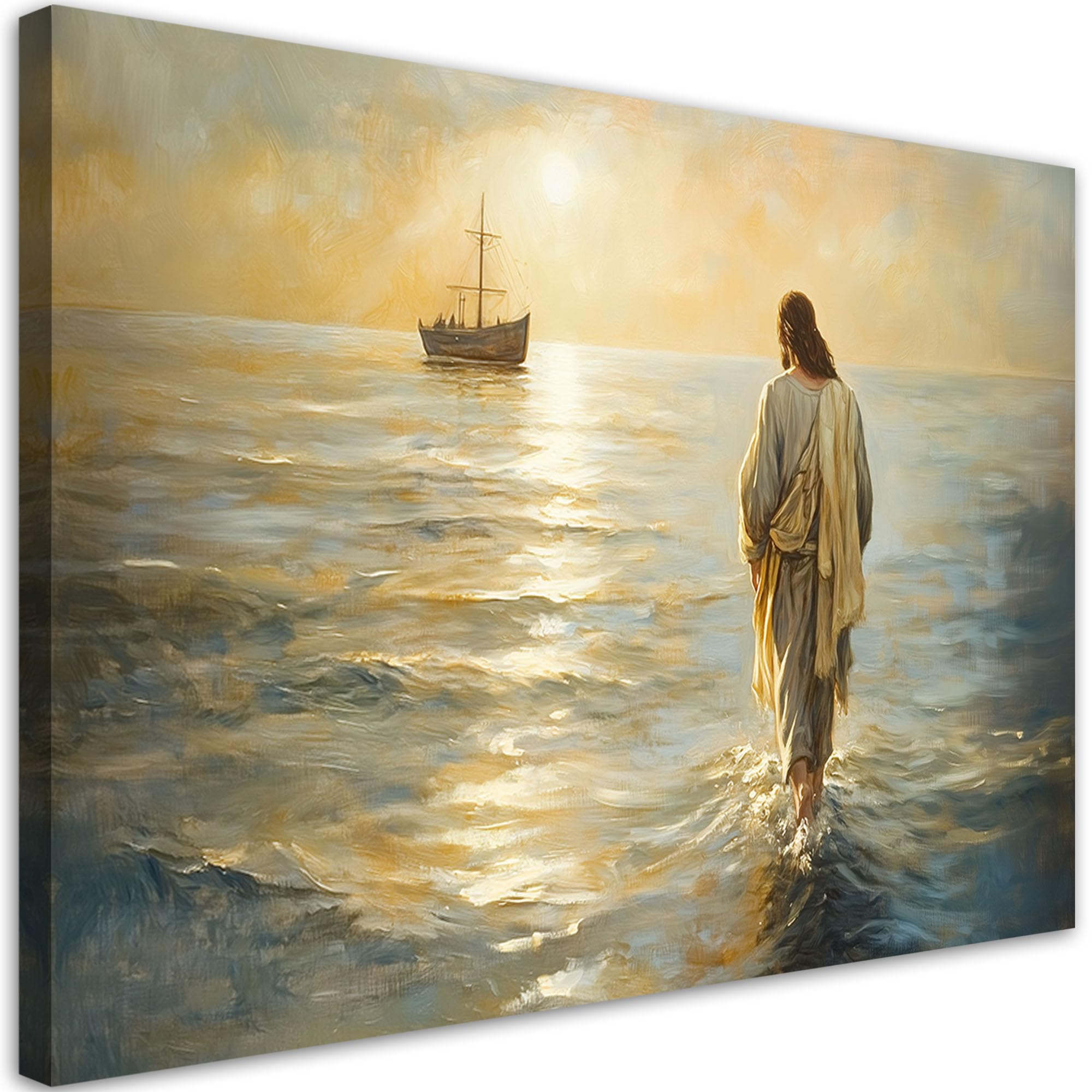 Feeby Leinwand Bilder - Bild Wohnzimmer - Jesus geht auf dem Wasser - 120x80 1tlg - Deko Schlafzimmer Groß - Dekoration Canvas - Gemälde - Modern Wandbilder - Kunstdruck