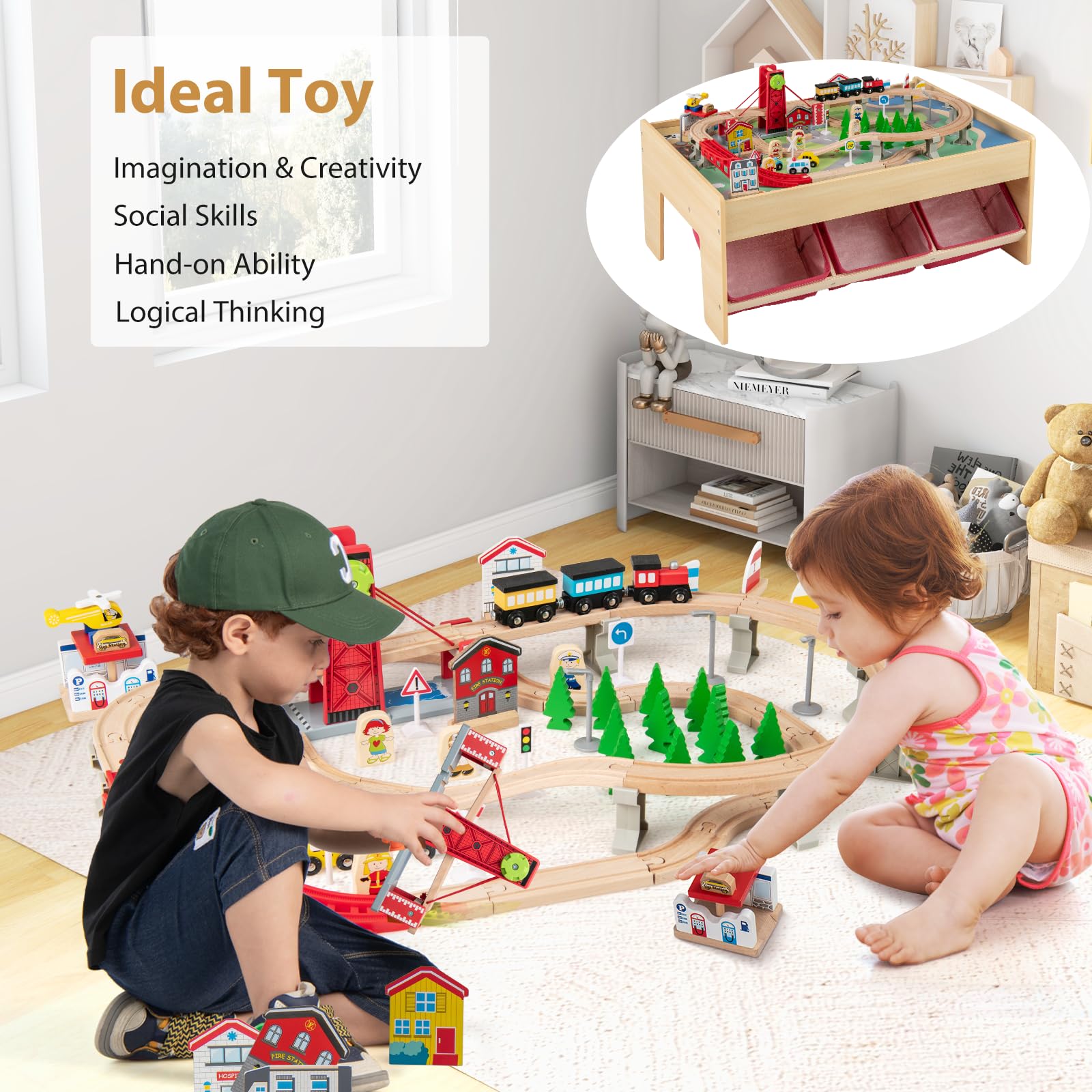 LIFEZEAL Holzeisenbahn Set, Kinder Spieltisch mit Aufbewahrungsbox, Multifunktionaler Aktivitätstisch mit Fahrzeuge, Gleise und Zubehör, Bausteintisch für Jungen & Mädchen, 92 x 64 x 40 cm