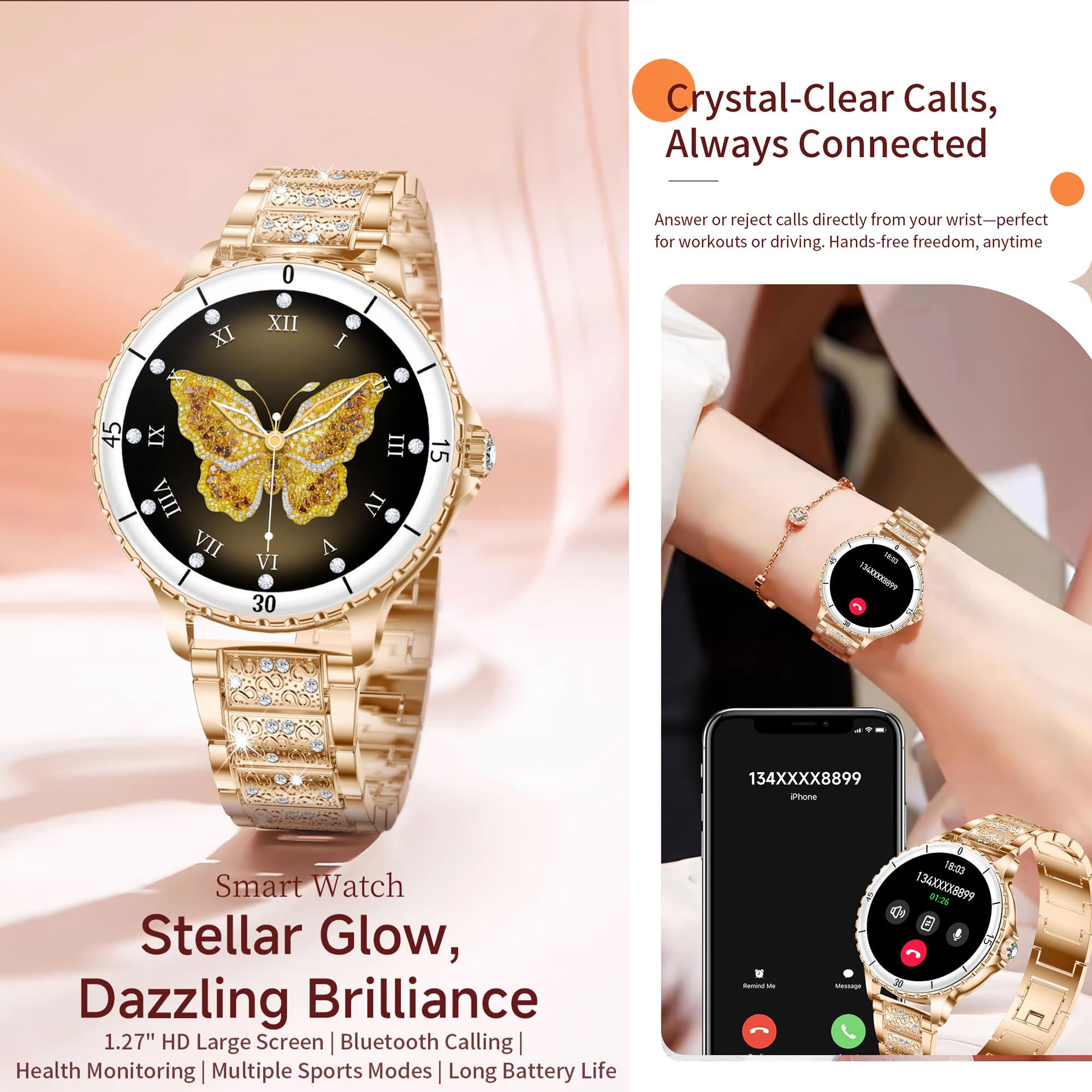 1,27-calowy AMOLED Smart Watch dla kobiet z funkcją Bluetooth, zegarek fitness z 24/7 monitorem temperatury ciała, snem i pulsometrem, monitor SpO2, zegarek sportowy 3ATM iOS Android (złoty)