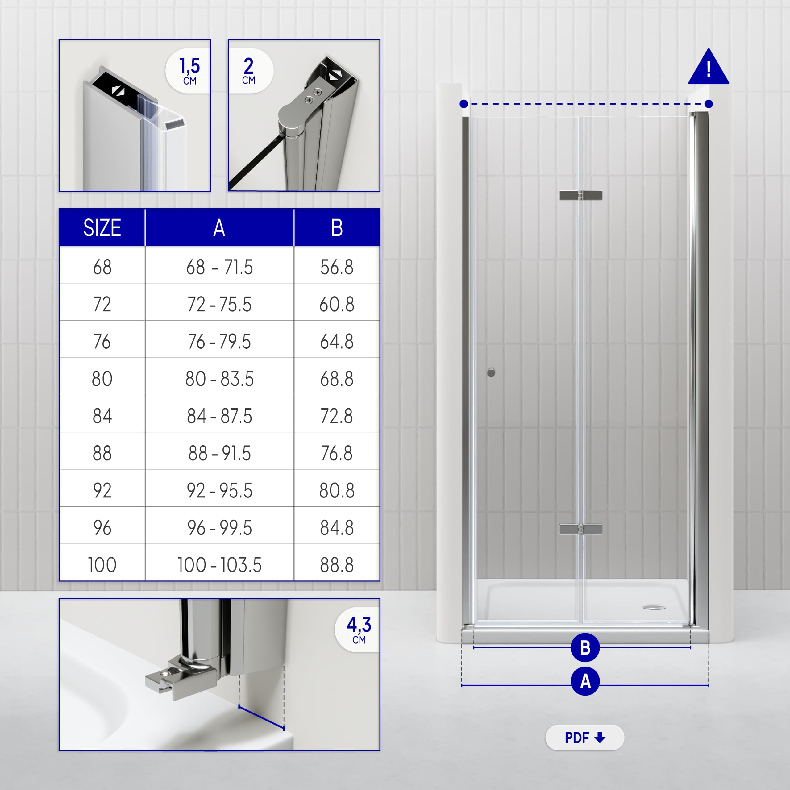 Mampara de ducha puerta plegable rango de ajuste de 68-71,5 cm altura: 195 cm de vidrio transparente templado de seguridad de 6mm perfiles de aluminio chrome – DK822