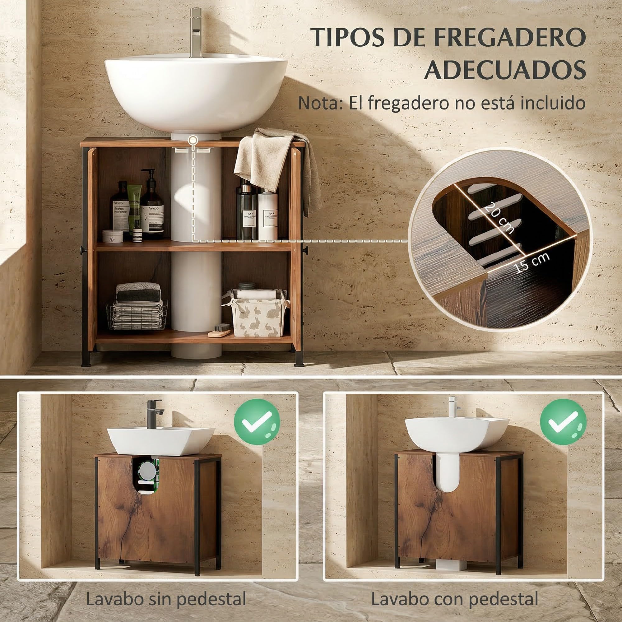 HOMCOM Mueble Bajo Lavabo Industrial con 2 Puertas de Lamas y Cierre Magnético, Estante Regulable, para Lavabos sin Pedestal, Mueble de Baño 60x30x60 cm Marrón Rústico