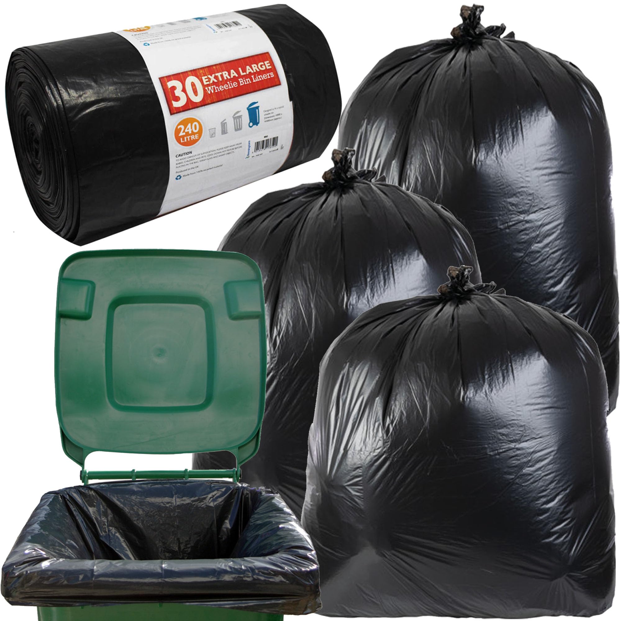 Storm Trading Group 30 Bags Black Wheelie Bin Liners 240L Large Capacity Refuse Sacks Black Bin Bags For Outdoor Garden Bins Garbage/Rubbish Bags (30 Bags)