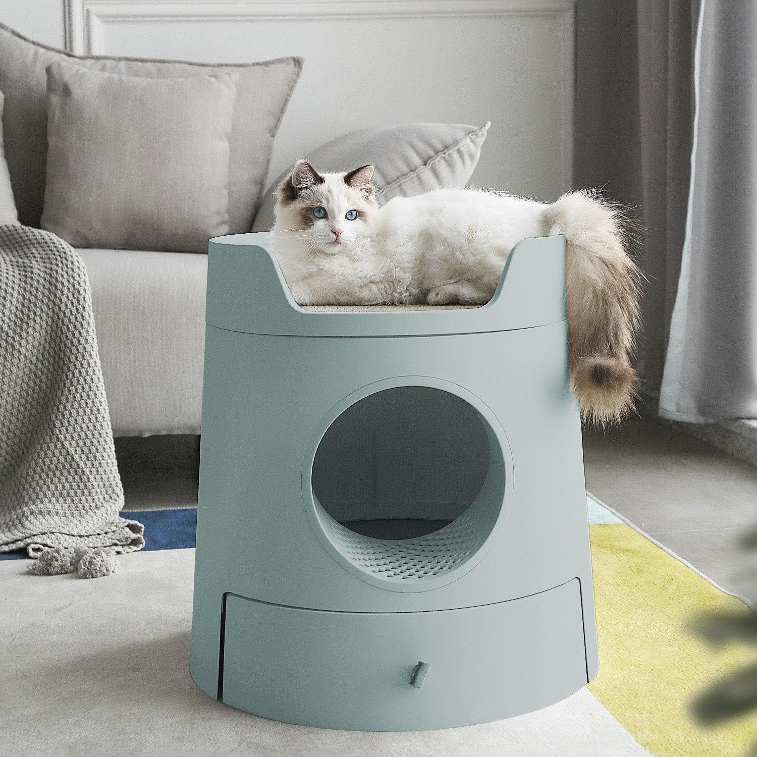 Sabbia Castelo 3in1, vassoio igienico lettiera per gatti - vassoio sanitario con cassetto smontabile. Include tiragraffi per gatti, letto e pala per letto con supporto (grigio)