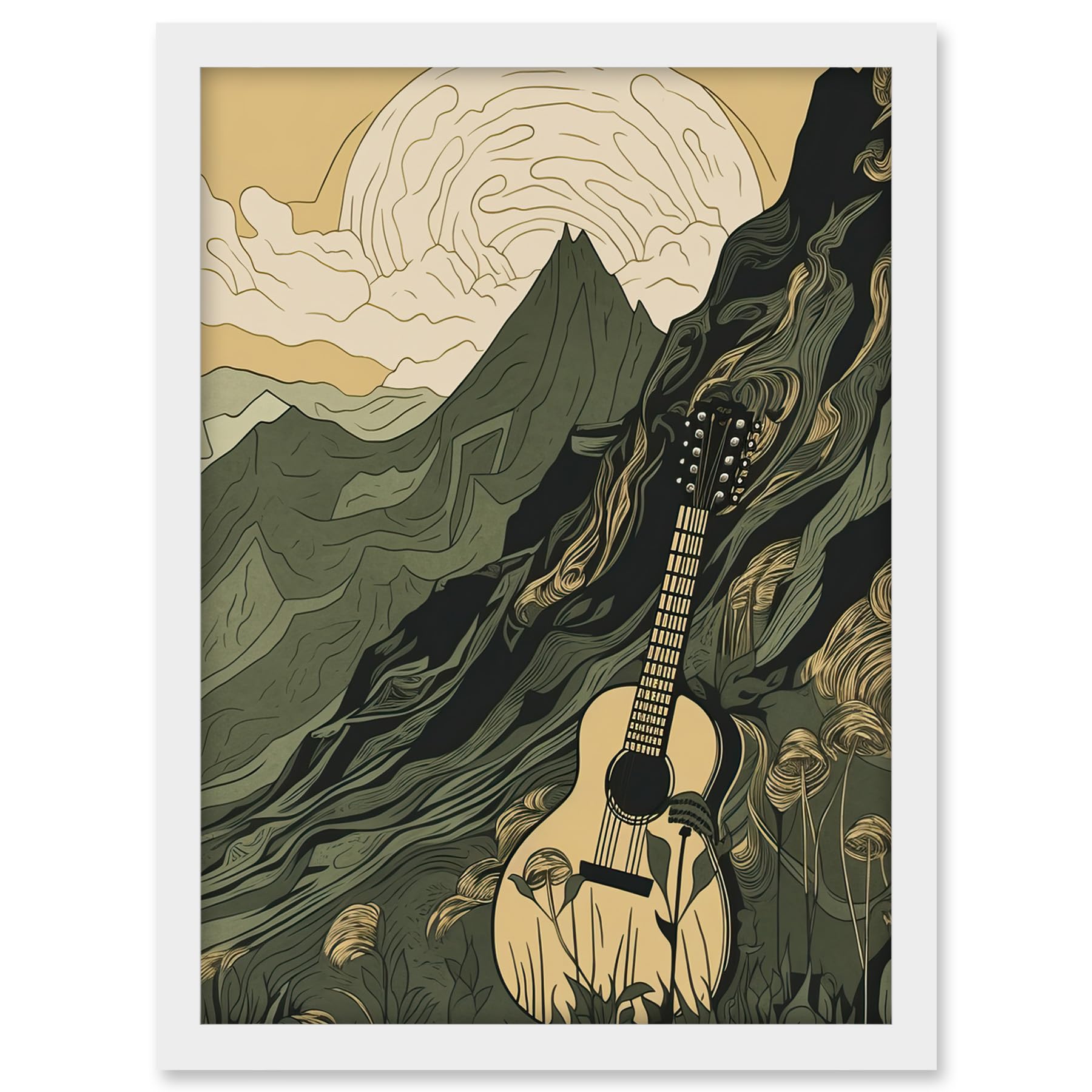 Artery8 Guitar on Mountain Landscape Morning at Campsite Artwork Framed A3 Wall Art Print