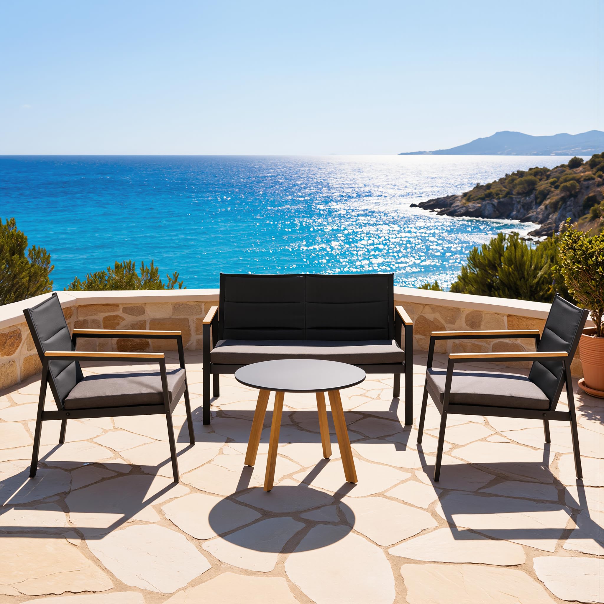 Salotto da Giardino 4 Pezzi KYOTO – Divano 2 Posti + 2 Poltrone + Tavolino Rotondo 60 cm con Cuscini Grigio Antracite – Struttura Alluminio Nero Braccioli Legno Effetto Teak – Arredo Giardino