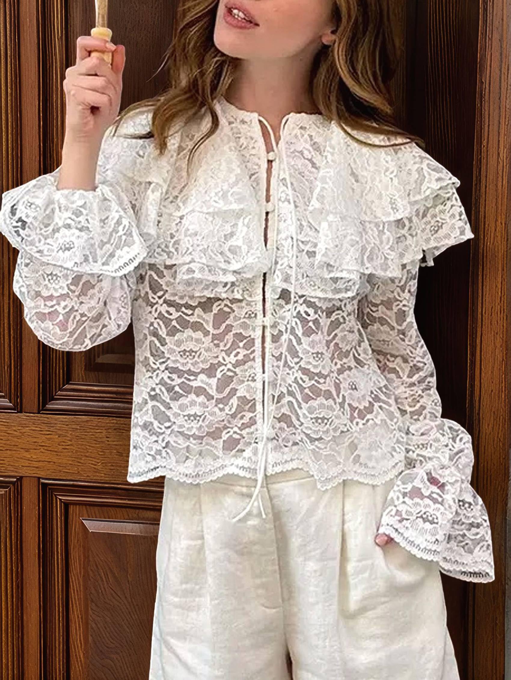 Top de Encaje con Lazo Frontal para Mujer, con Volantes, Larga, Holgado, para Salir