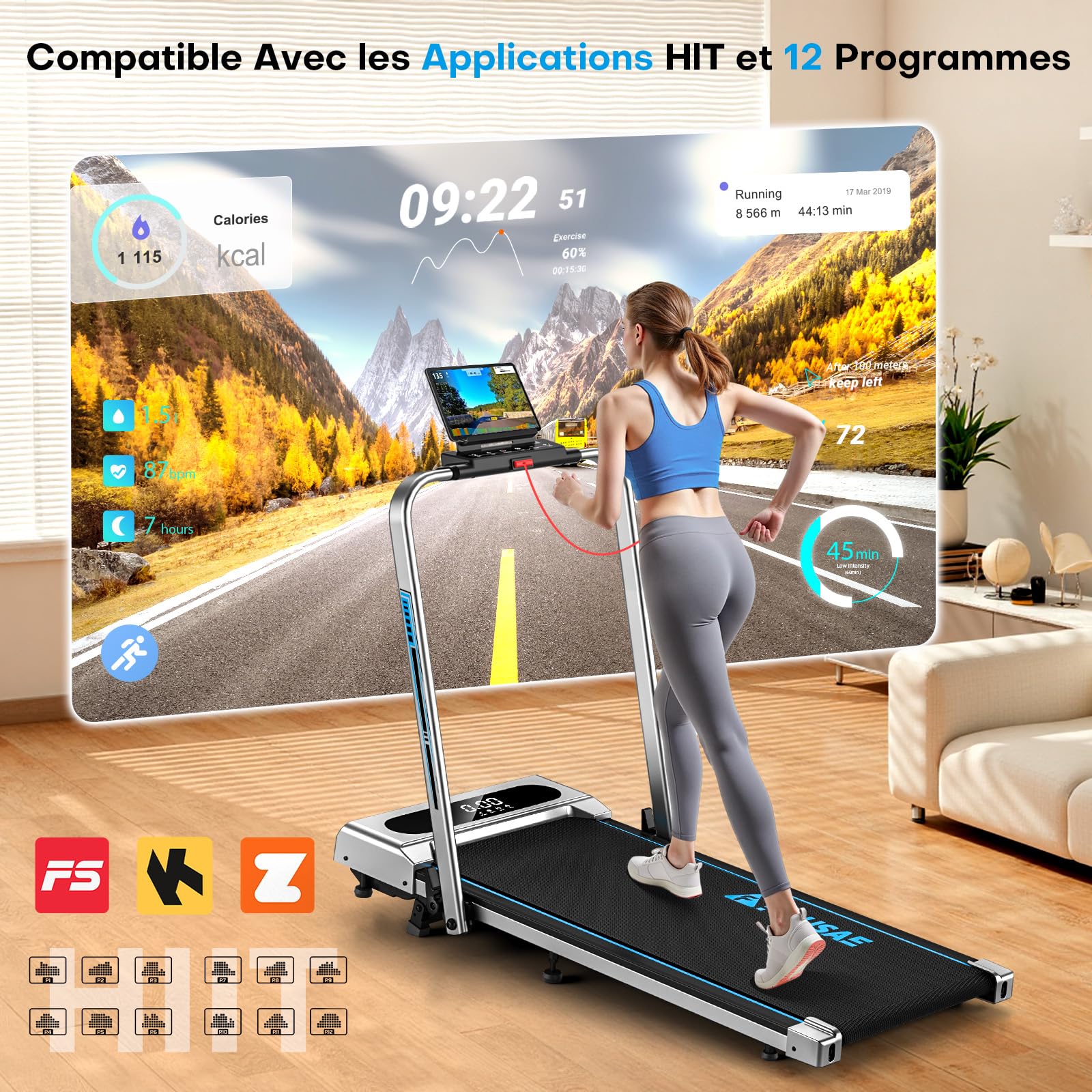 Tapis de Course Pliable FOUSAE 12 Programmes HIIT Inclinable 9% 12 KM/H Moteur 2,75 CV Charge 158kg