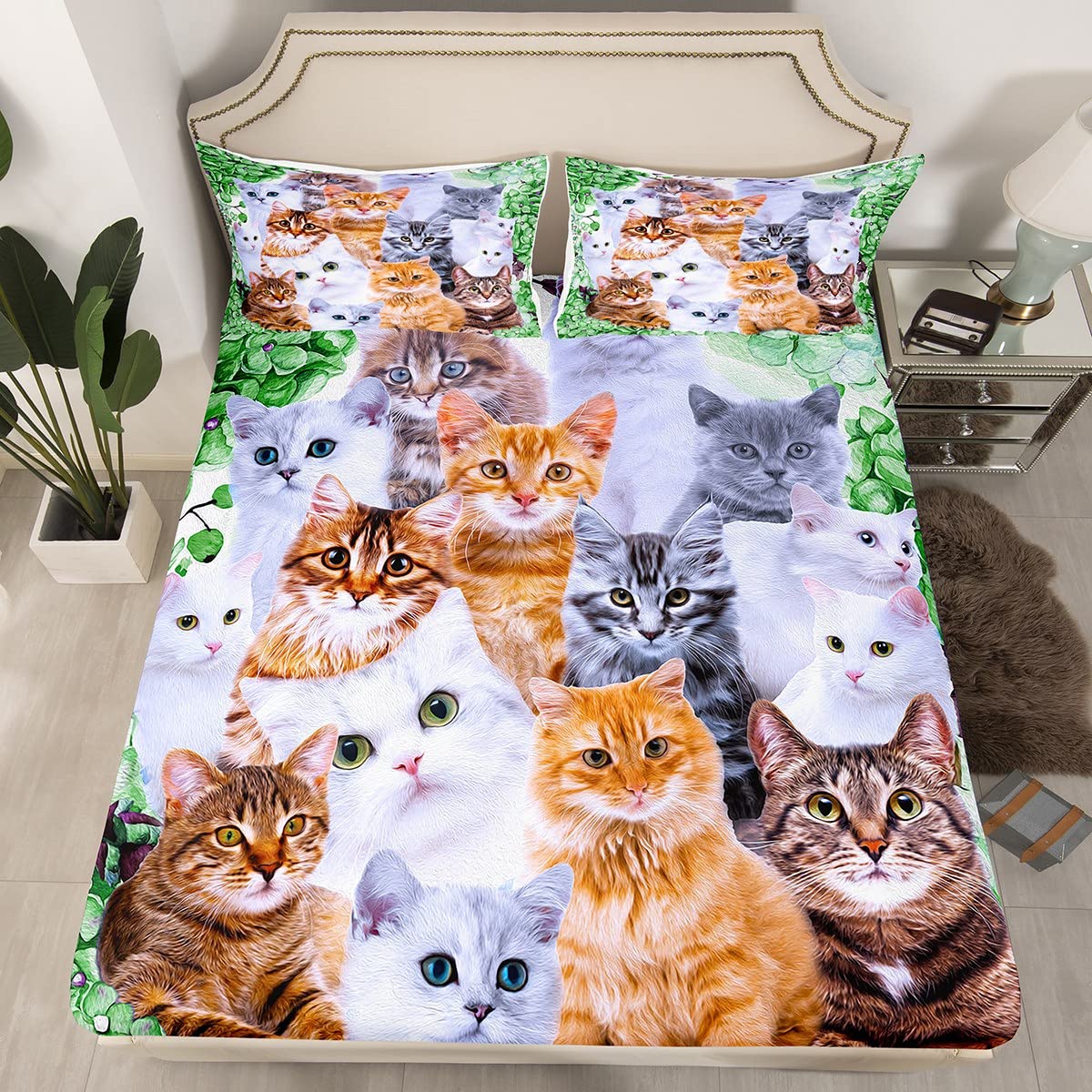 Feelyou Cute Cat Bed Set Kids Cartoon Pet Cats Toddler Sheet Set for Boys Girls Duvet 3D Green Flowers Kitten Cover Glasses Cat Lover's Decor Sheets with 2 Pillowcases 4Pcs Bedding Queen