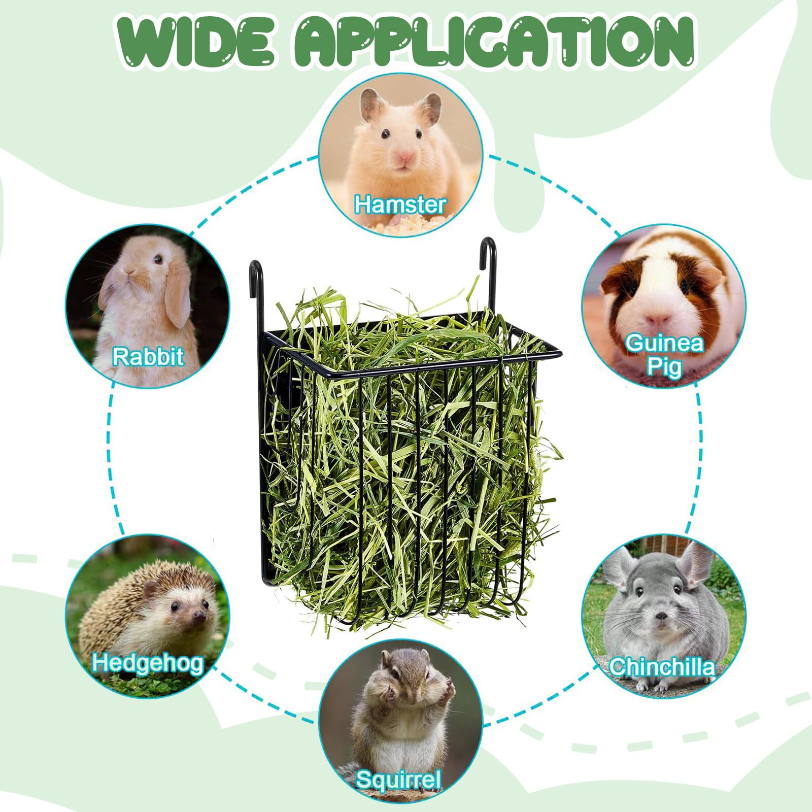 Comedero de heno para conejos, estante de heno colgante de metal con dispensador de bebidas de 125 ml, estante de almacenamiento de suministros de alimentos para mascotas pequeñas, accesorio de jaula