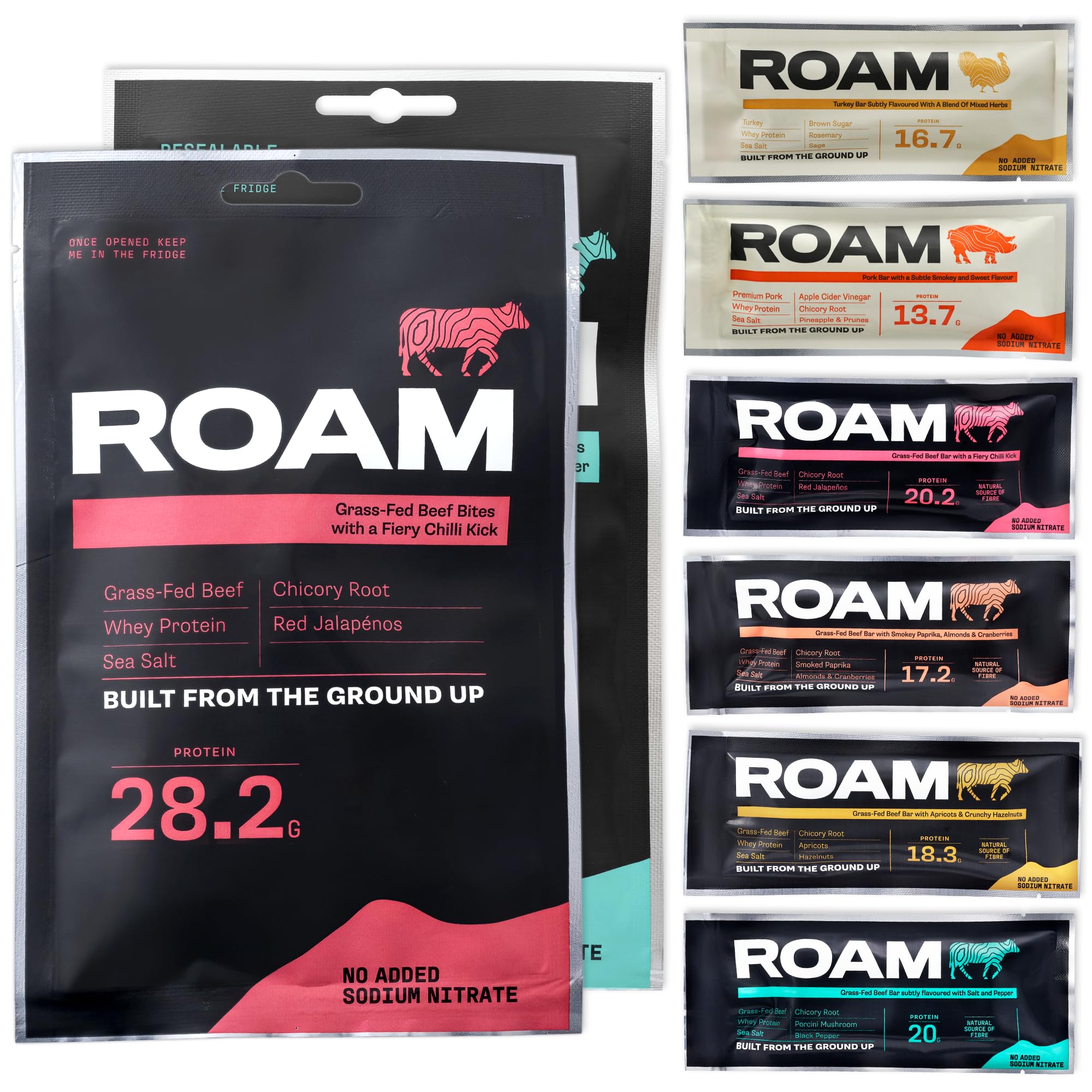 ROAM Herzhafte High-Protein-Riegel & Bites, Keto-Mahlzeitenersatz-Snacks, zuckerarme Energiesnacks (Probierpaket, 6 × 45 g Riegel + 2 Bites-Beutel)