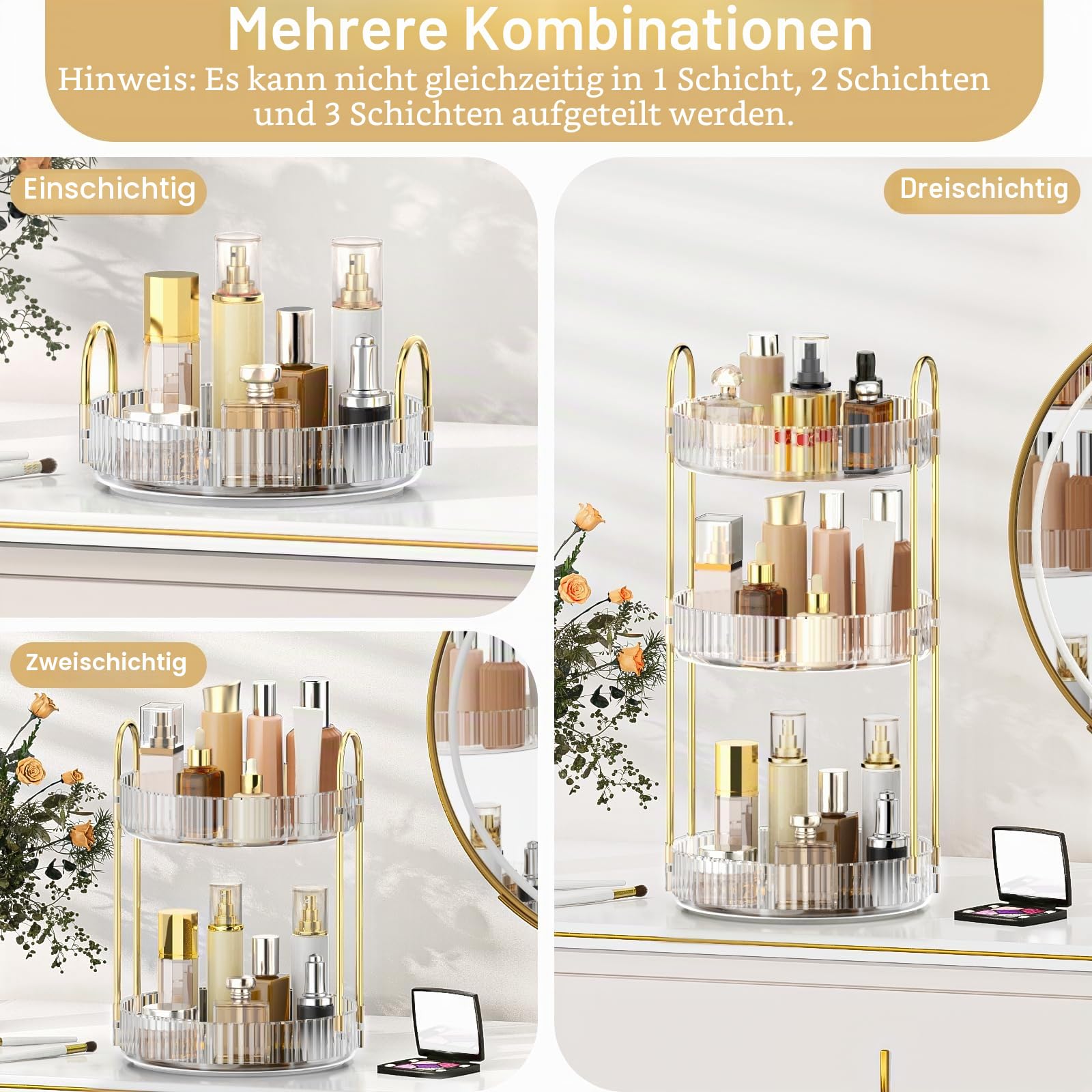 MOKANI Make Up Kosmetik Organizer, 360° Dreh Schmink Organizer, 3 Ebenen, Multifunctional Makeup Skincare Aufbewahrungssystem für Schminktisch, Badezimmer, Schlafzimmer, Transparent