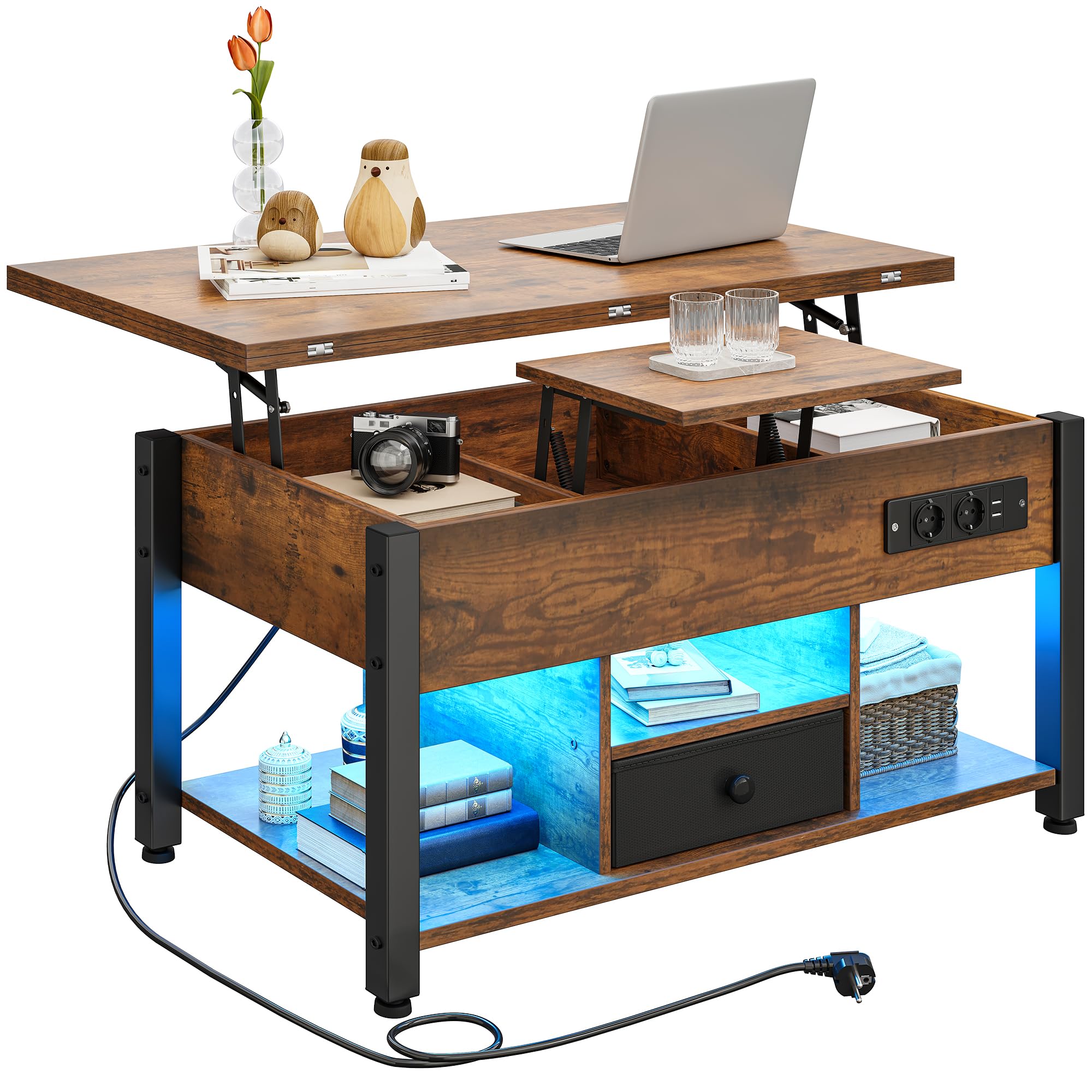 YITAHOME Couchtisch mit Höhenverstellbarer, 4-in-1-Multifunktions-Couchtisch mit Stauraum und LED Beleuchtung, Couchtisch lässt Sich in einen Esstisch für das Wohnzimmer umwandeln, Vintage-Braun