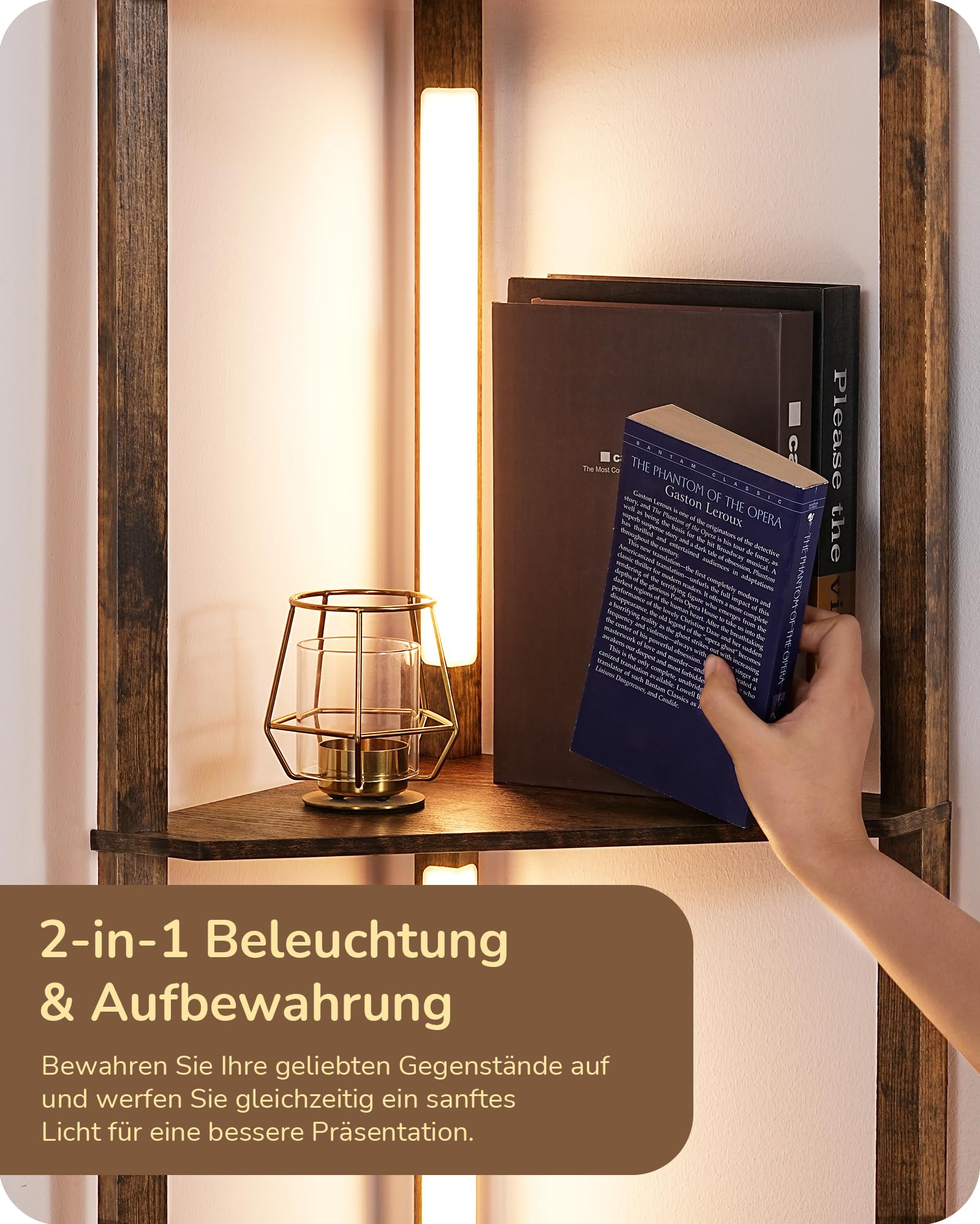 EDISHINE Stehlampe mit 4 Holz-Regal, Standleuchte Wohnzimmer, LED Dimmbar Stehleuchte 3-Farbtemperatur, Leselampe mit 360° Drehbarer Lichtmast, Fußschalter, Eckregal Regalbeleuchtung