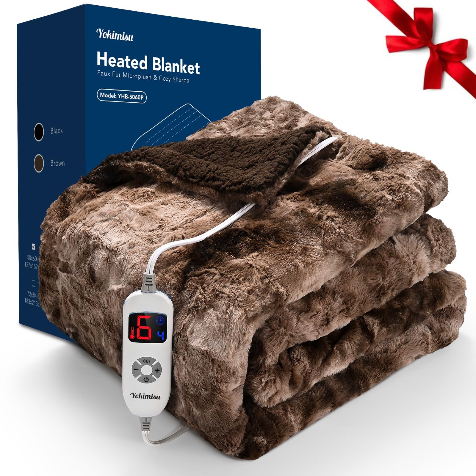 YOKIMISU Heated Blanket Electric Blanket (50x60 inches Faux Fur Sherpa, Brown) 1/2/3/4 Hours Auto-off 6 Heat Level Heating Blanket Throw Thick Soft Warming Plush Over-heat Protection ETL Certification