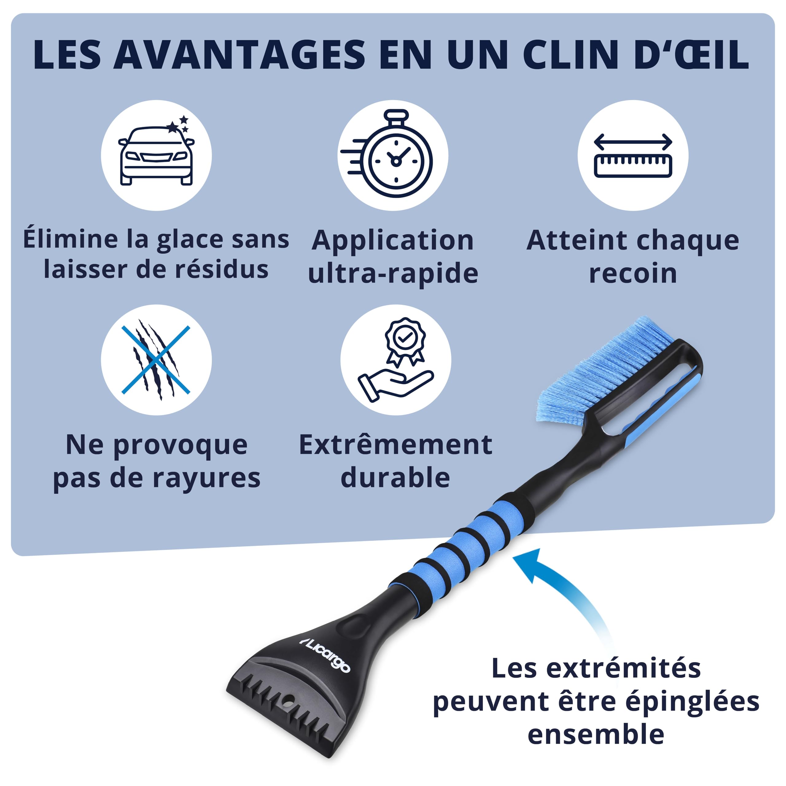 LICARGO Grattoir à Glace avec Balai - Grande Lame et Poils Doux pour la carrosserie - 67 cm de Longueur avec Une poignée antidérapante et Isolante - Grattoir à Pare-Brise Robuste et Balai à Neige