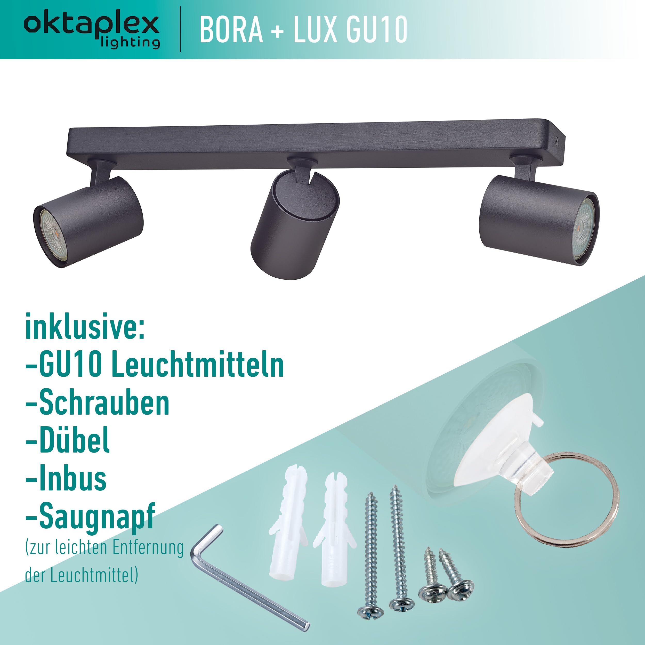 Oktaplex Bora Deckenstrahler 3-flammig schwarz inkl. Leuchtmittel | 3-Stufen dimmbar GU10 400lm 2700K warmweiß 4,8W 230V - Spotbalken