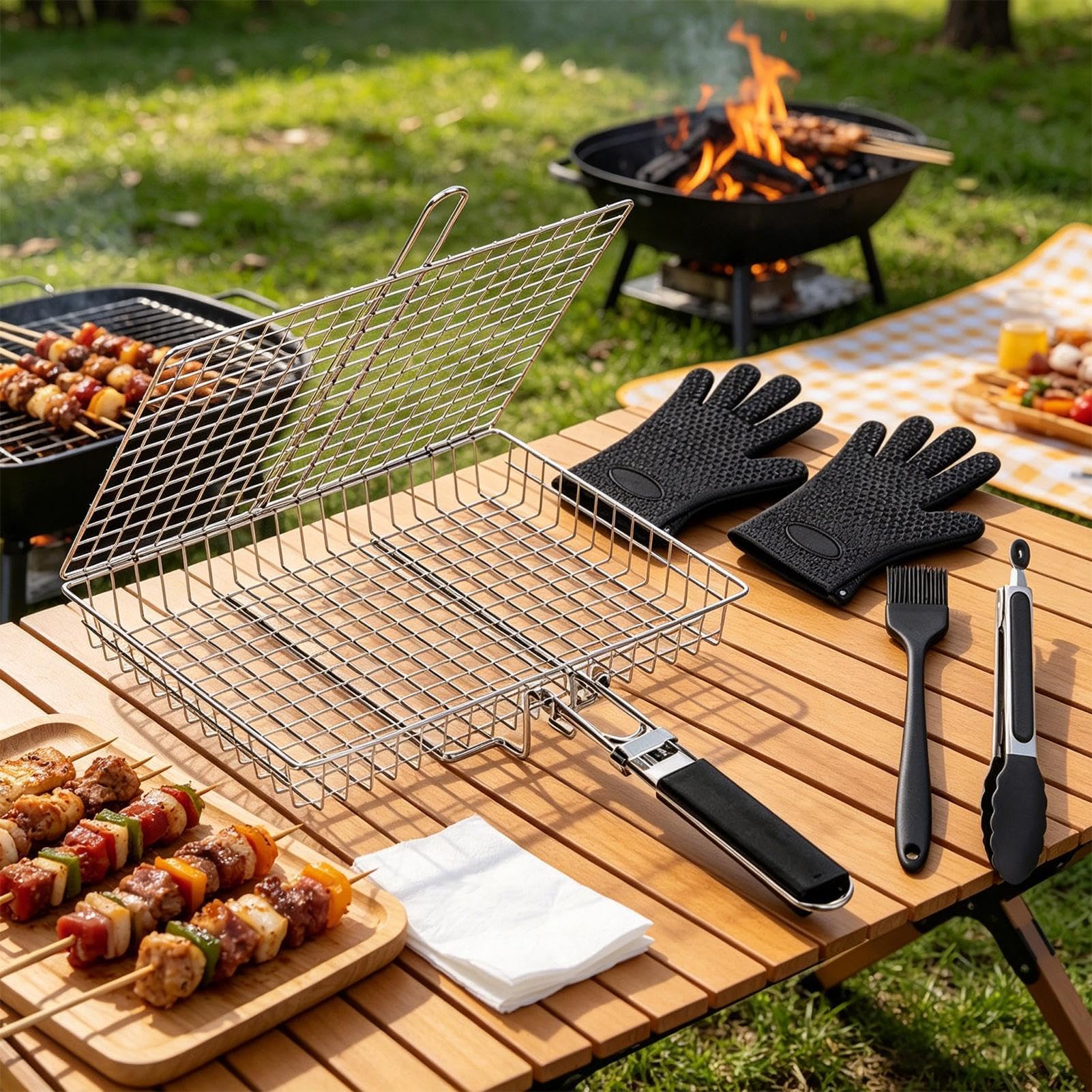 Cesta de Parrilla para Pescado Rejilla Plegable Portátil De Acero