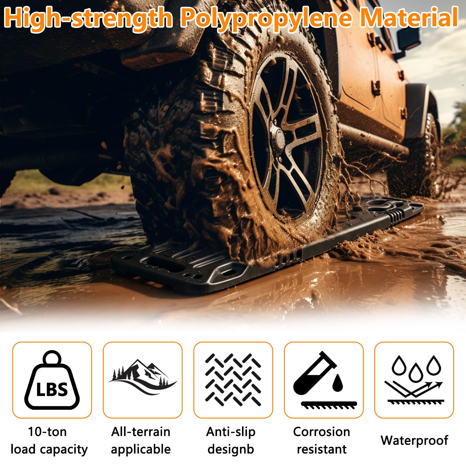 Offroad-Traktionsbretter – 104 cm lange, hochbelastbare Bergungsbretter mit 10 Tonnen Tragfähigkeit – 2 Stück robuste Notfall-Reifentraktionsgeräte für Offroad-Sand, Schnee und Schlamm