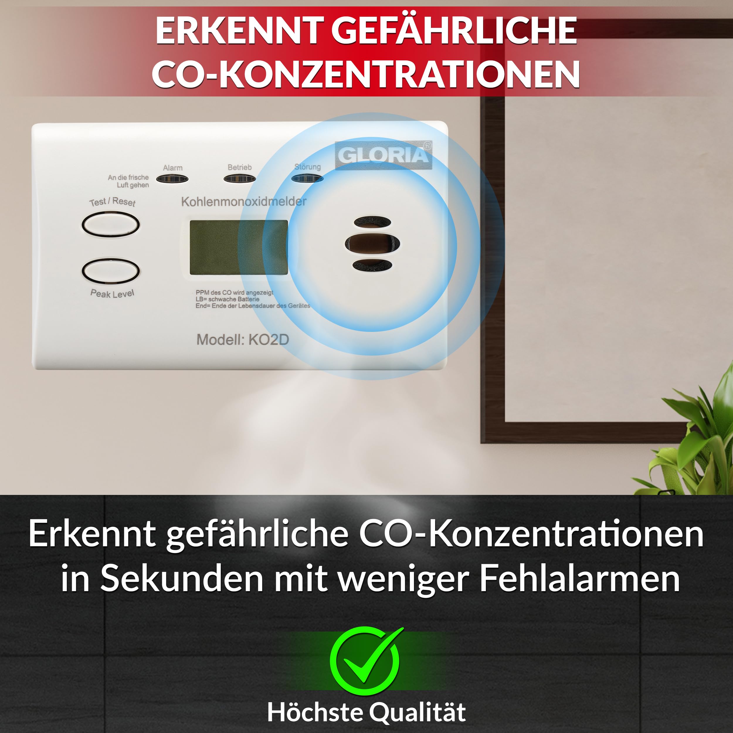 Gloria 2X KO2D Kohlenmonoxidmelder mit 10 Jahren Garantie und wechsebaren AA Batterien