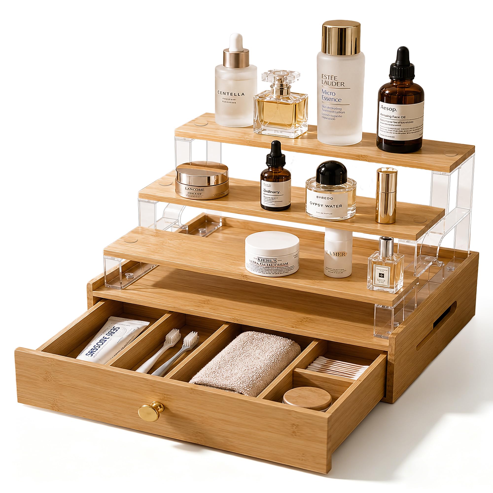 Bamboo Makeup Organizer, 3-Tier Vanity Cosmetic Storage Shelf for Bathroom Dresser