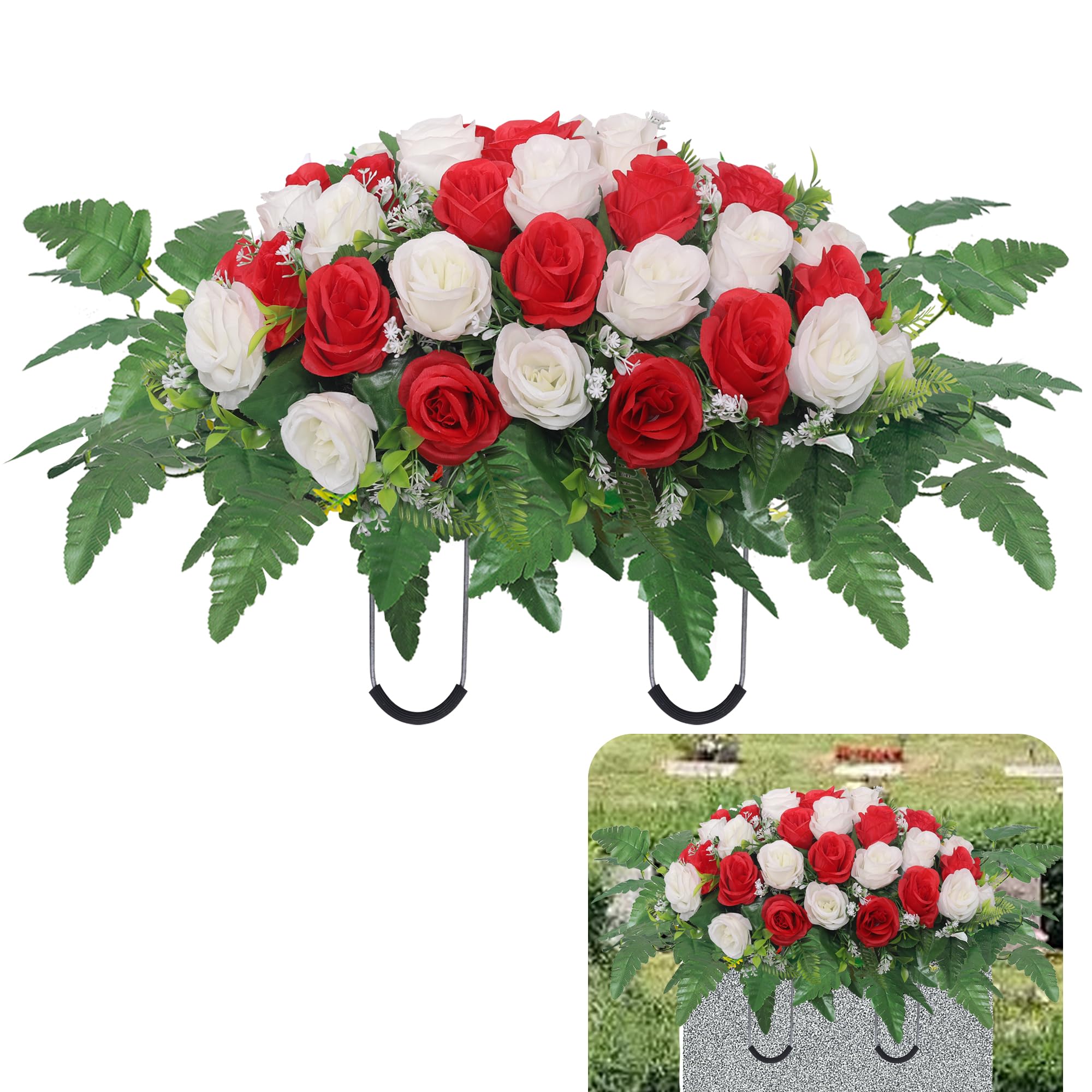 Cemetery Headstone Flower Saddle,Artificial Cemetery Flower Saddles for Graves,Artificial Rose Cemetery Memorial Flowers for Outdoor Tombstone Headstone Decorations (Red) image 7