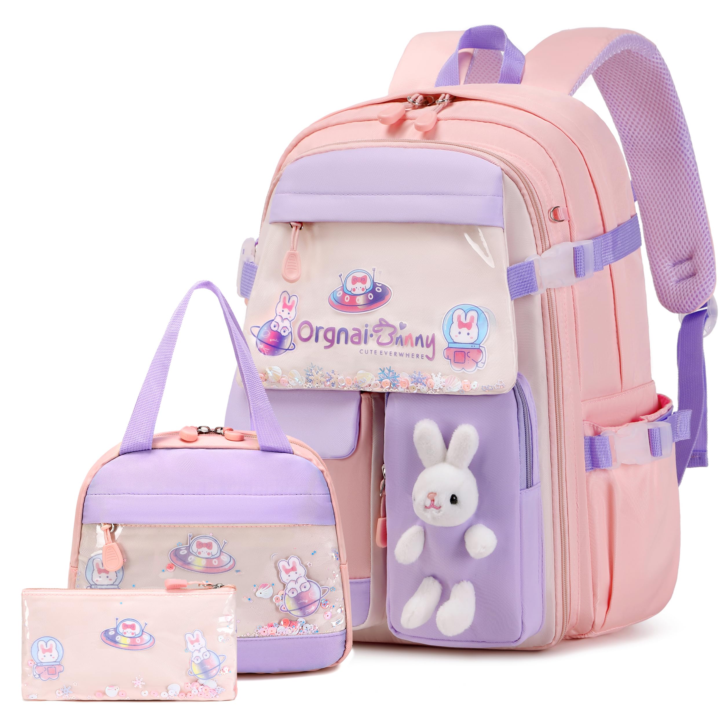 Girls Backpack Set, 3PCS Kids Backpack for Girls, Kawaii Bunny School Backpacks for Girls Kindergarten Elementary Preschool Middle School Bags with Lunch Box Pencil Case Pink