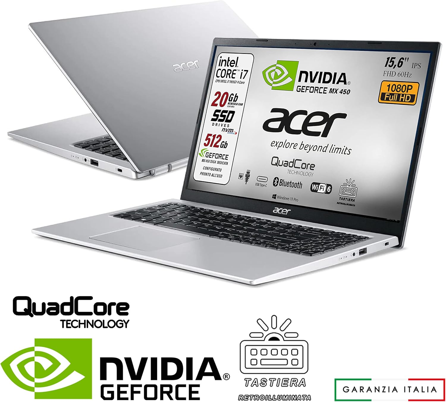 Acer Notebook, Intel i7 1167G7 4Core fino 4.7Ghz, RAM 20 Gb, SSD 512 Gb, 15.6 FHD IPS, Geforce MX450, Tastiera retroilluminata, Wi-Fi 6, lan, hdmi, Win 11 Pro, Suite Office, Pronto alluso Acer Notebook, Intel i7 1167G7 4Core fino 4.7Ghz, RAM 20 Gb, SSD 512 Gb, 15.6 FHD IPS, Geforce MX450, Tastiera retroilluminata, Wi-Fi 6, lan, hdmi, Win 11 Pro, Suite Office, Pronto alluso