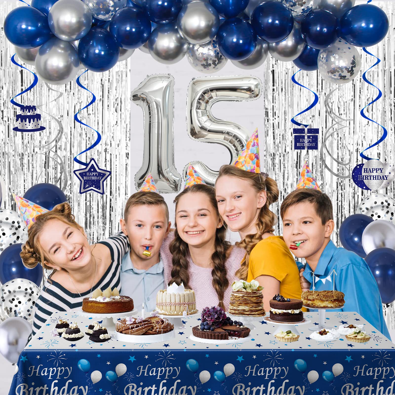 15th Birthday Decorations For Boys Girls, Navy Blue Silver Happy 15th...