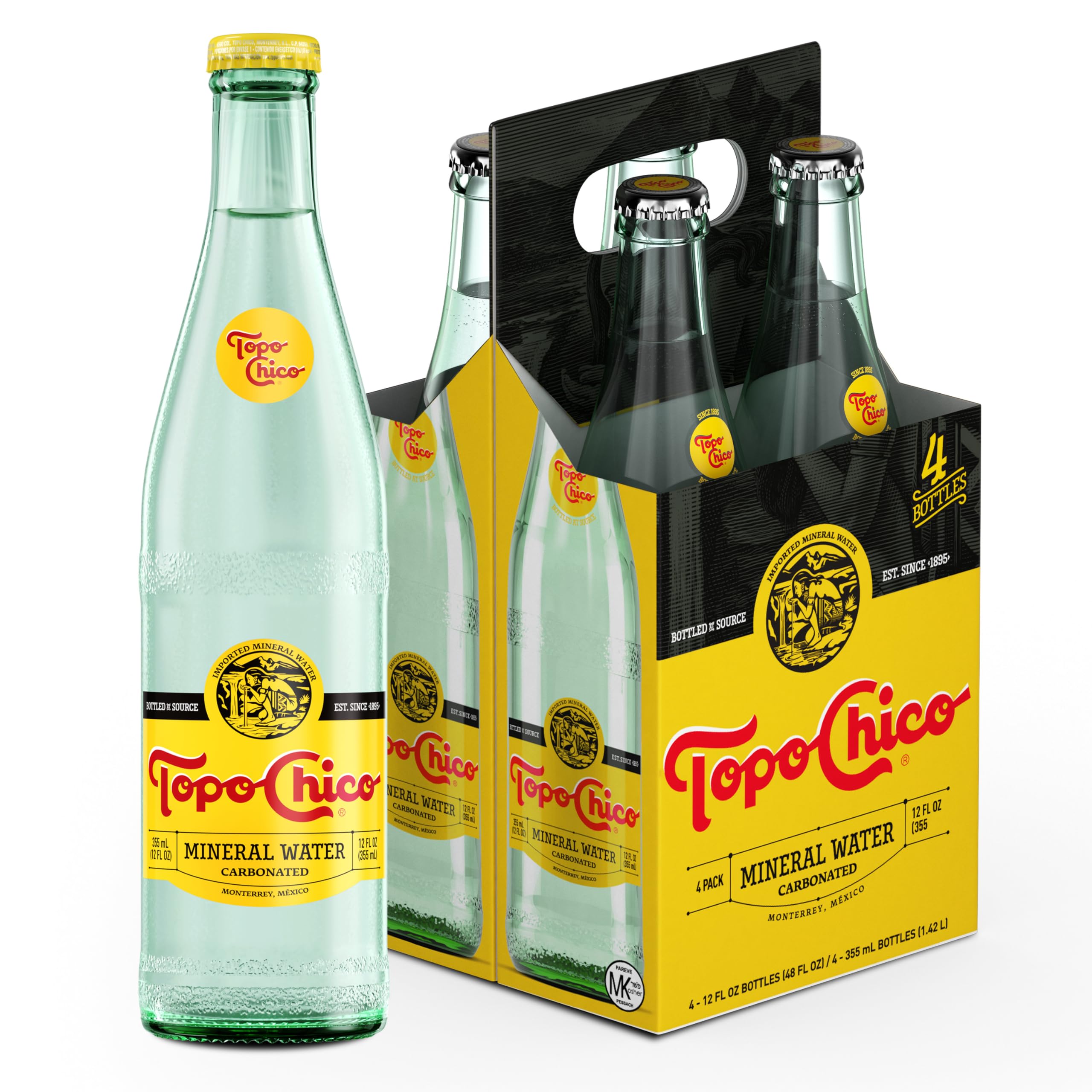 Topo Chico Sparkling Mineral Water, Classic, 12 Fl Oz (Pack of 4), Glass