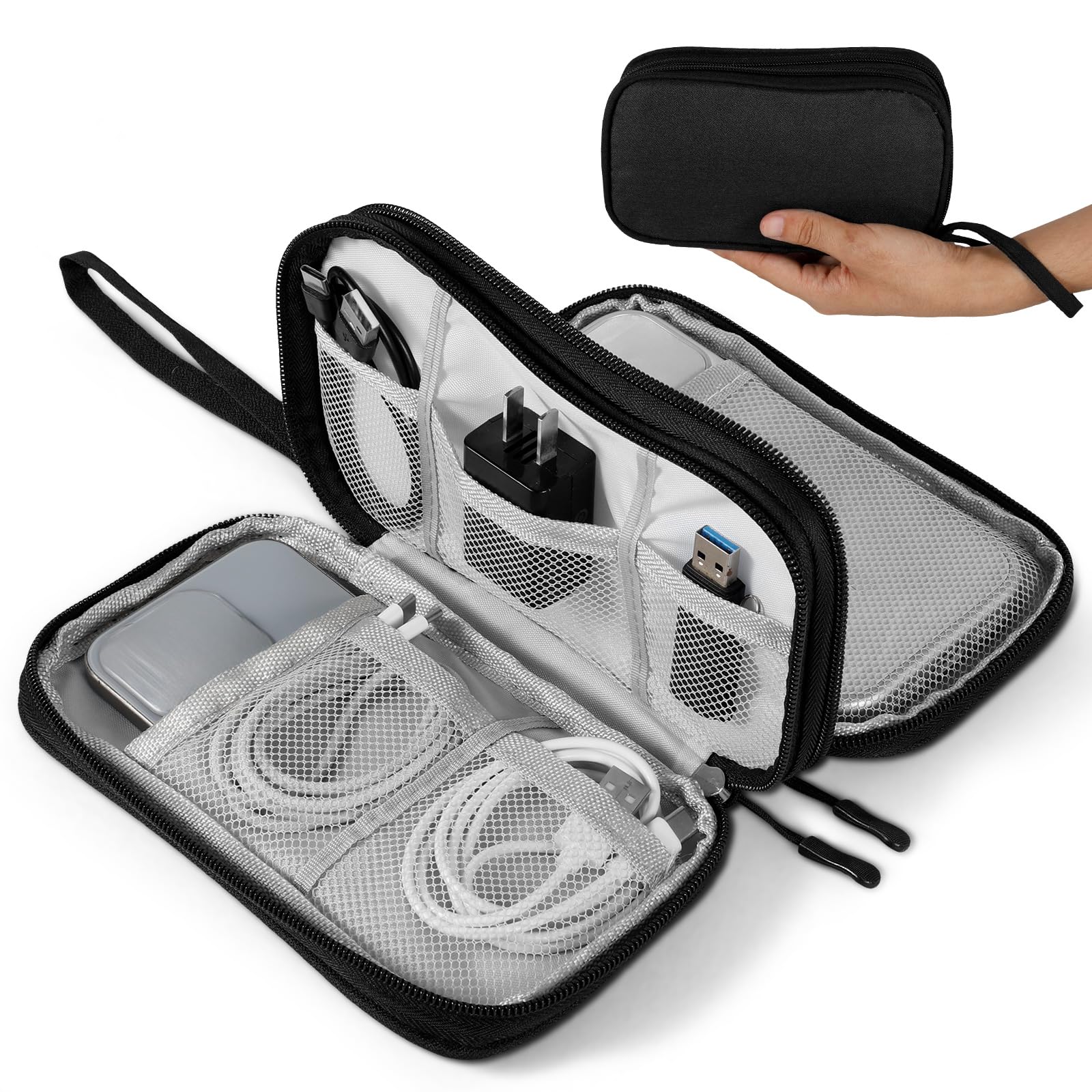 Travel Cable Organizer Pouch, Portable Electronic Accessories Carry Case Compact Double Layer Storage Bag for Cord Charger Phone Earphone(black)