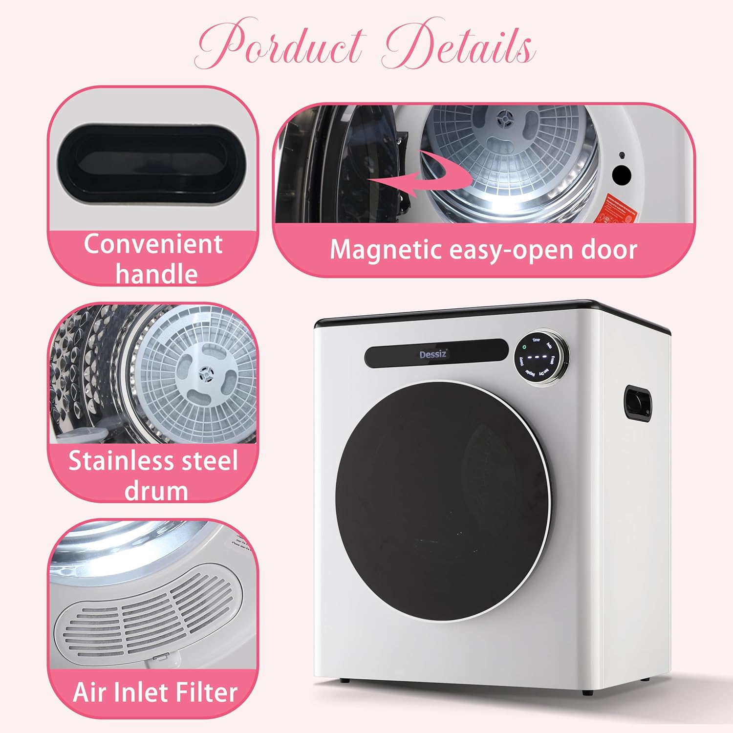 110V 11LBS Portable Clothes Dryer 950W Compact Laundry Dryers 1.6 cu.ft Front Load Stainless Steel Electric Dryers Machine for Apartment,RVs,Dorms,White Auto Stop