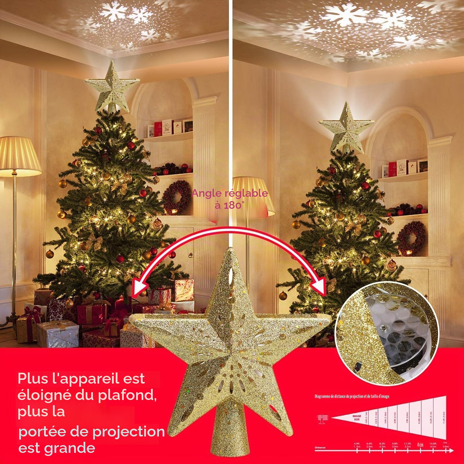 Avoalre Pointes de Sapin Projecteur 3D Rotation Étoile Sapin de Noël LED Arbre Topper Lumineuse Rotatif Decoration pour Arbre de Noël Interieur Exterieur-Doré(Etoile)