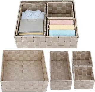 8er Set Beige Aufbewahrungsbox Geflochten, Aufbewahrungsboxen Rattanoptik, Aufbewahrungsbox ohne Deckel, Eckige Beige Geflochtene Box mit Metallrahmen, 28x28x10cm, 26x13x9cm, 13x13x9cm
