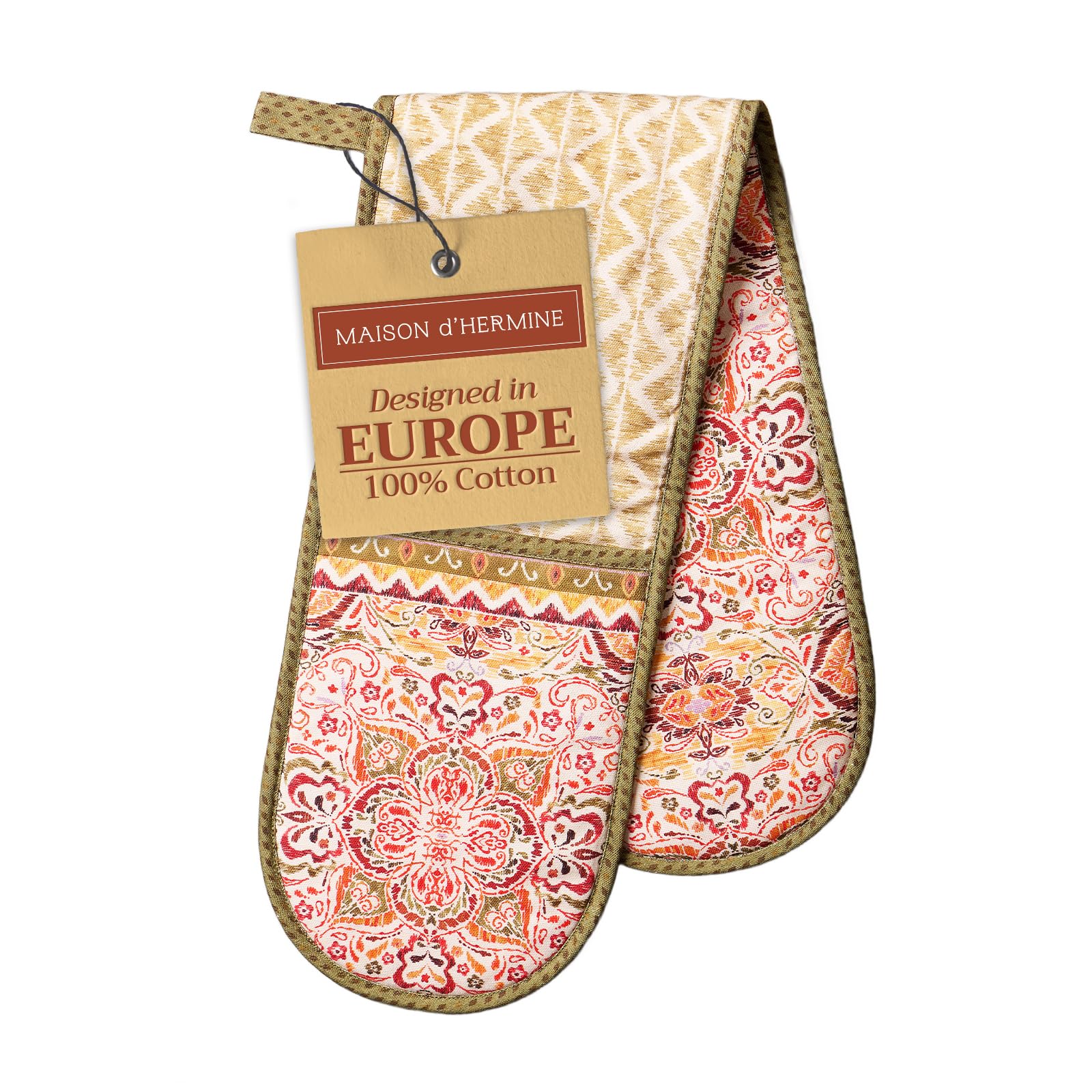 Maison d' Hermine Double Oven Mitt (18 cm x 89 cm) 100% Cotton Heat Resistant BBQ Cooking Gloves with Loop for Christmas Decorations Baking Cooking Barbeque Handling Hot Pan (Damask)