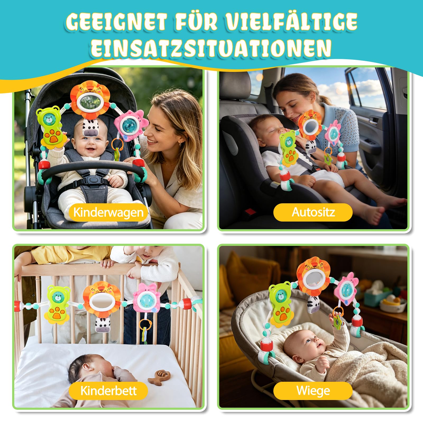 Orzbow Spielbogen Baby, 6-in-1 Kinderwagen Spielzeug Baby mit Sensorik Spielzeug zur Entwicklung motorischer Fähigkeiten, Mobile für Kinderbett, Babywippe & Babyschale für 0-12 Monate, Löwe