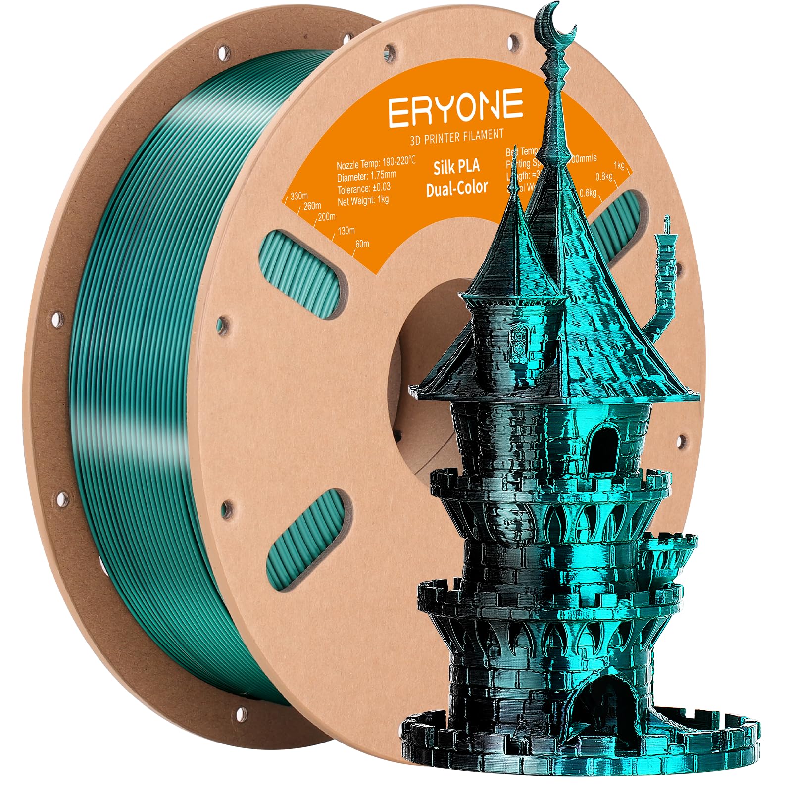 ERYONE Silk Dual Color PLA Filament 3D Printer 1.75mm +/- 0.03mm, Bicolor Filament Two Tone PLA 1KG(2.2lbs) Cardboard Spool, Black Green