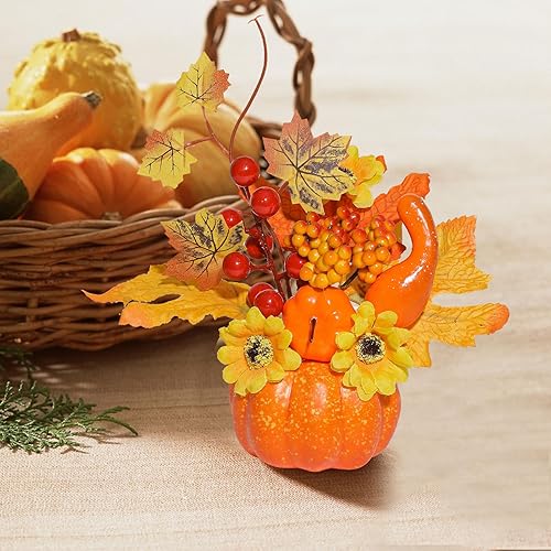 Miniatura 4 de U'Artlines 6 calabazas artificiales de Acción de Gracias, mini calabazas falsas con hojas de arce y bayas, flores artificiales para cosecha de