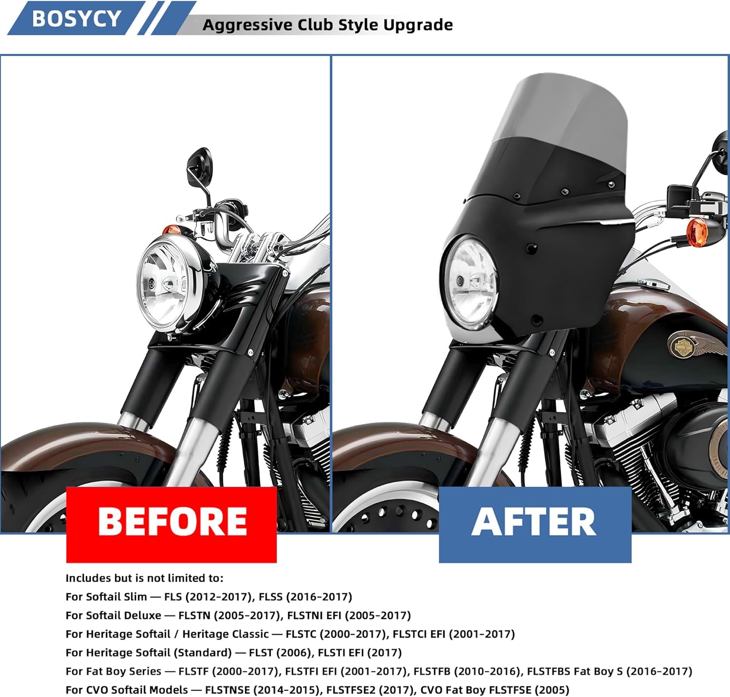 Club Style Front Fairing w/ 11" Smoke Windshield, Fits 7" Headlight for Harley Softail 2000-2017, Headlamp Cowl Kit for Fat Boy FLSTF, Heritage Classic FLSTC, Slim FLS, Deluxe